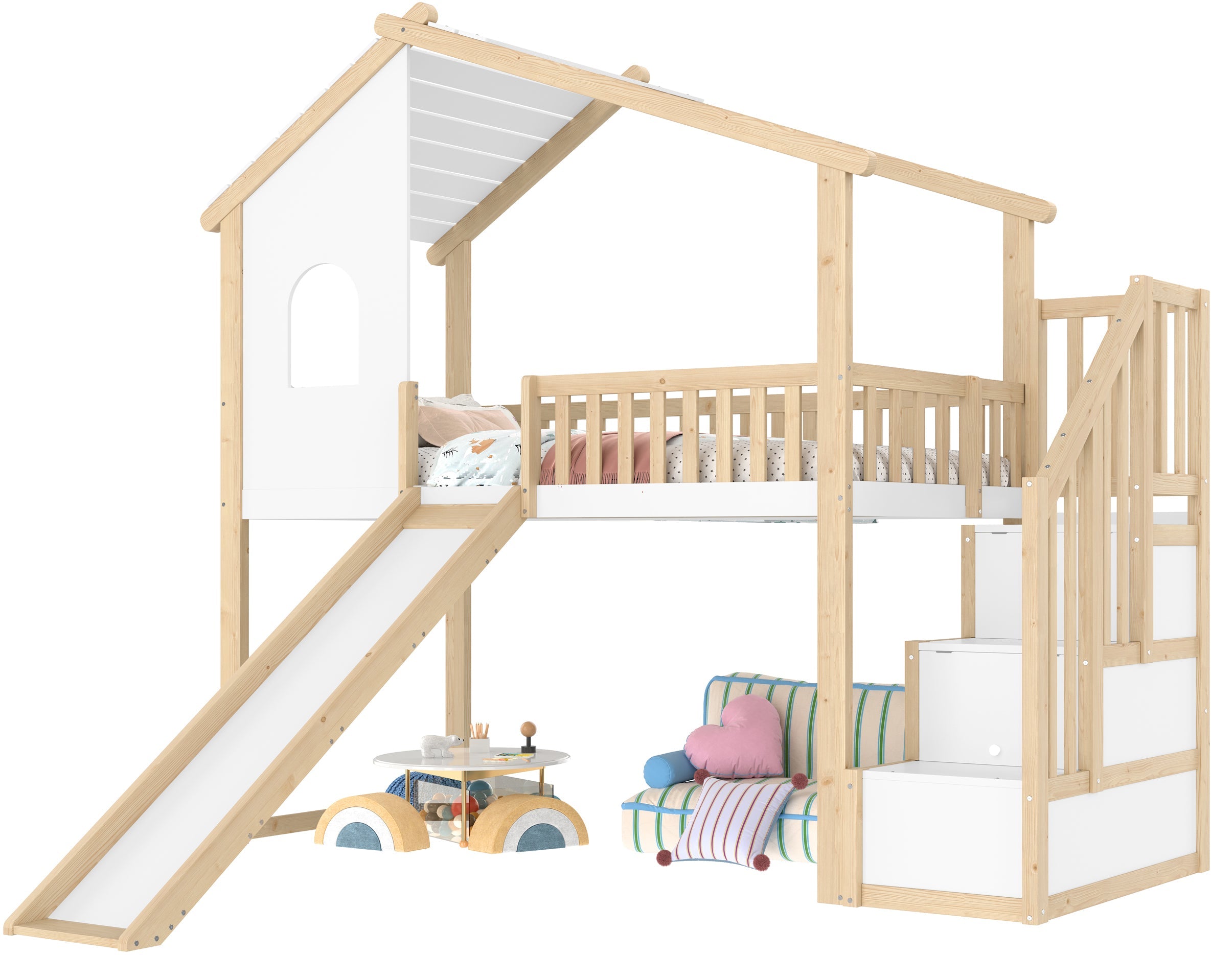 Logidon hoogslaper 90x200 cm naturel wit met bedrail en glijbaan