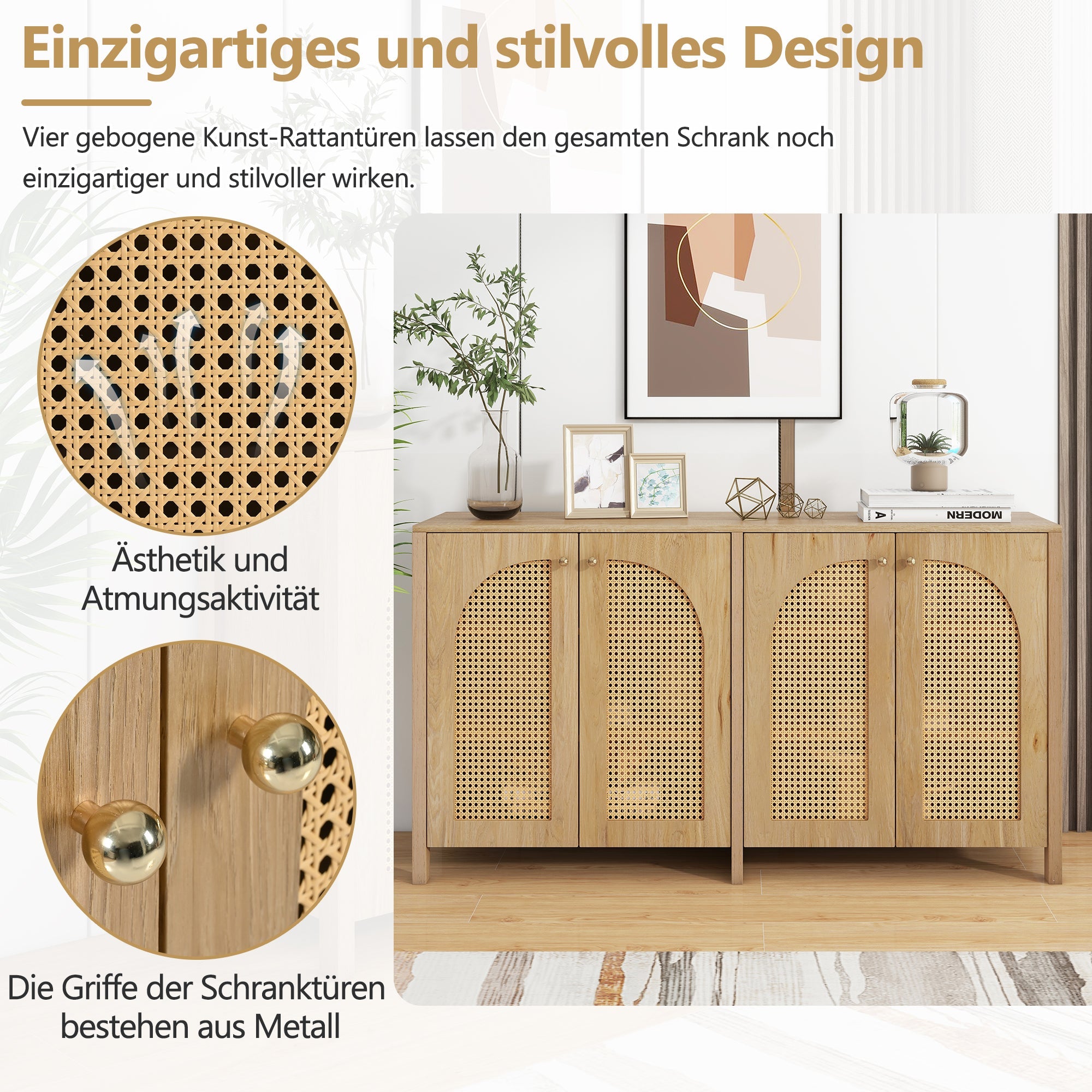 Logidon Dressoir 145x40x80 cm met vier rotan deuren natuurlijk hout