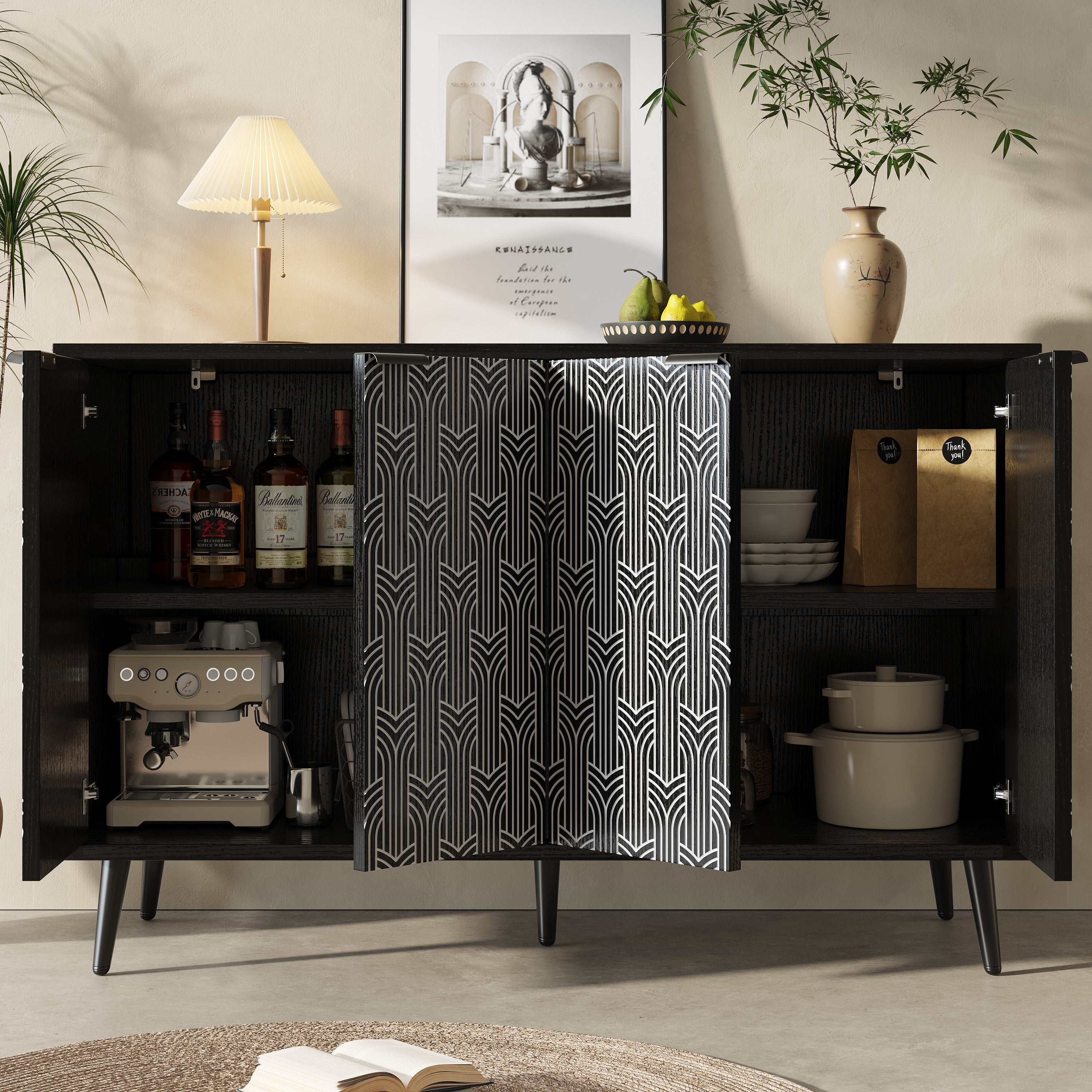 Logidon eetkamerkast 120x35x78 cm zwart met visgraatmotief