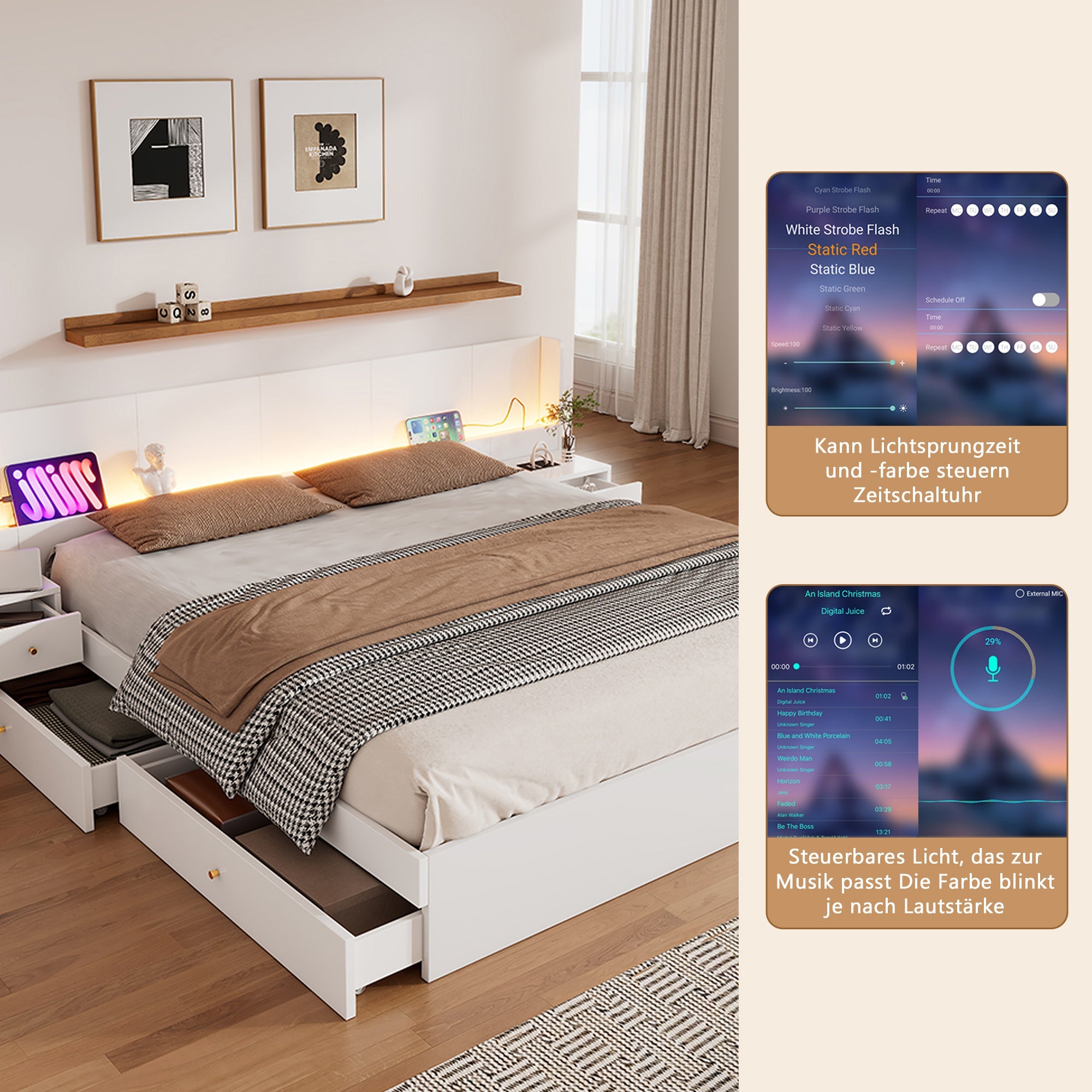 Logidon tweepersoonsbed 180x200 cm wit met USB LED app bediening