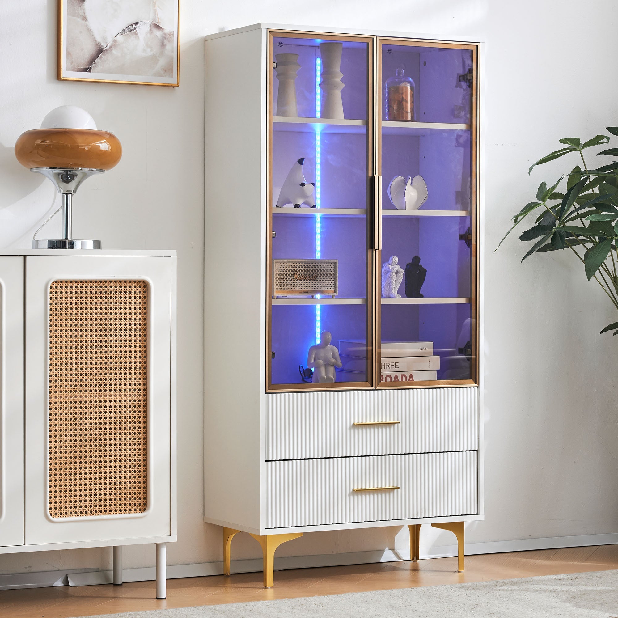 Logidon Elegant White Glass Display Cabinet 70x35x150 cm Teal Glass Doors