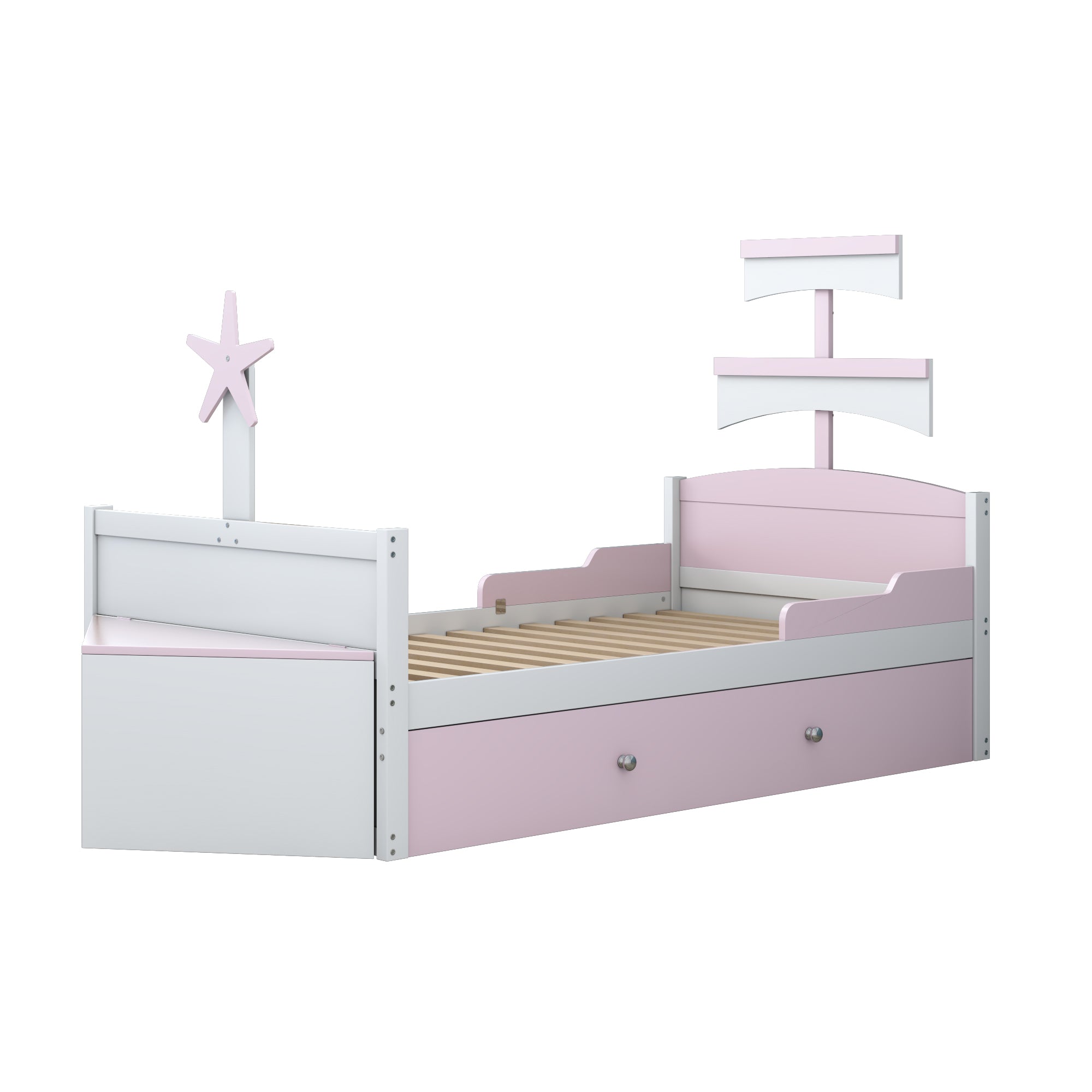 Logidon kinderbed hout roze zeilbootvorm 90x200 met uitschuifbaar bed