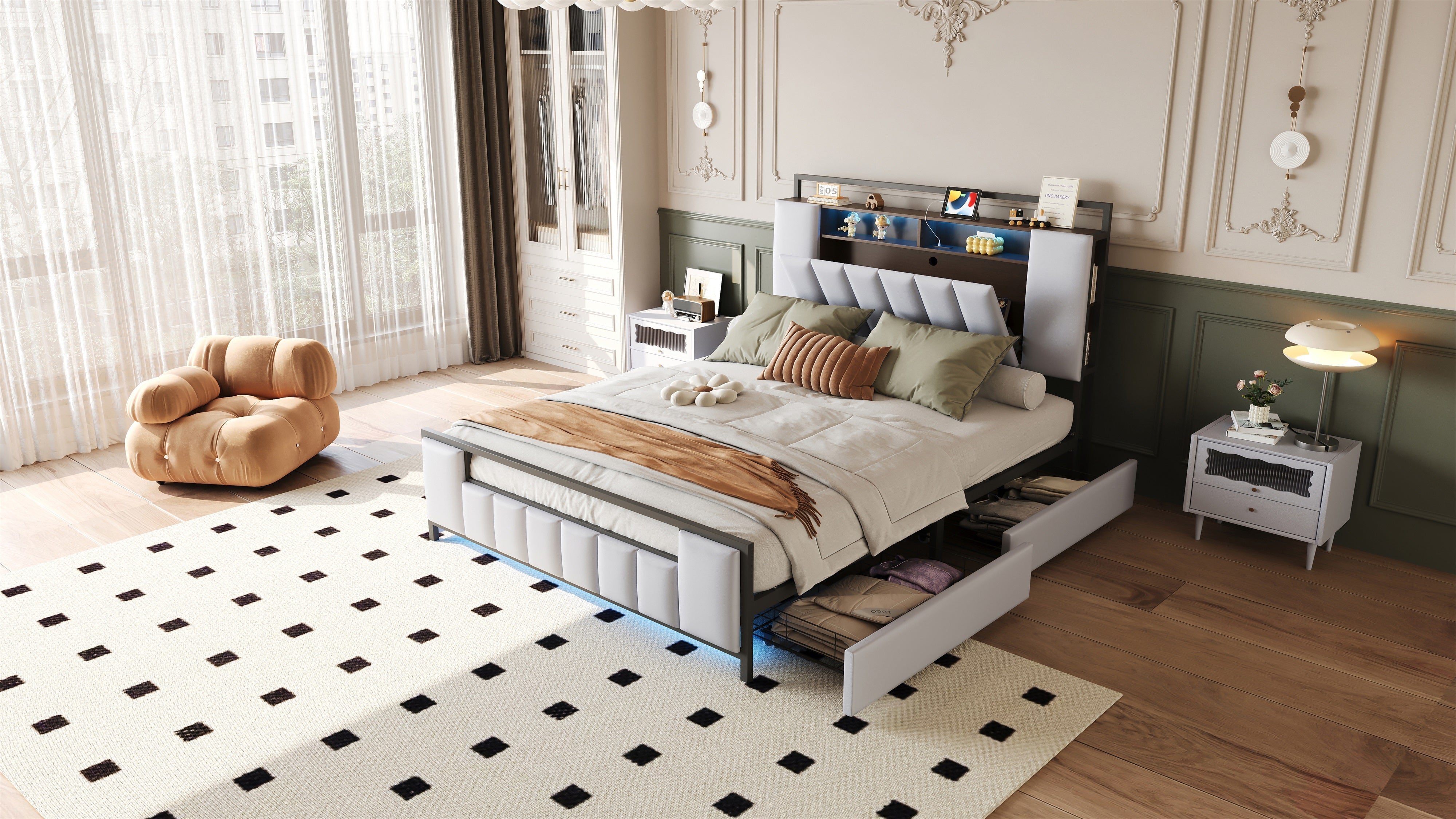 Logidon gestoffeerd bed 160x200 cm beige kunstleer met LED en USB