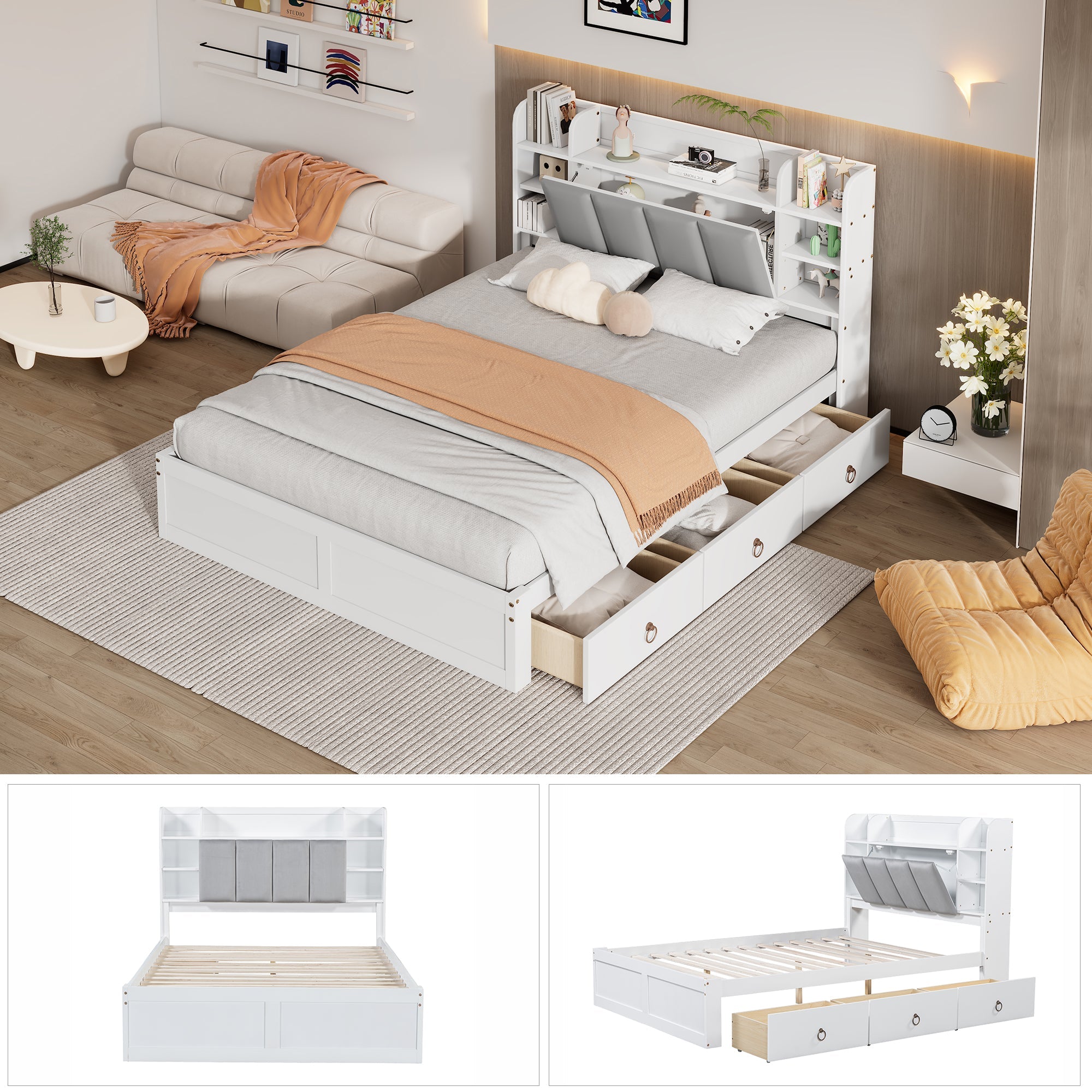 Logidon tweepersoonsbed witgrijs 140x200 cm plank drie lades op wielen