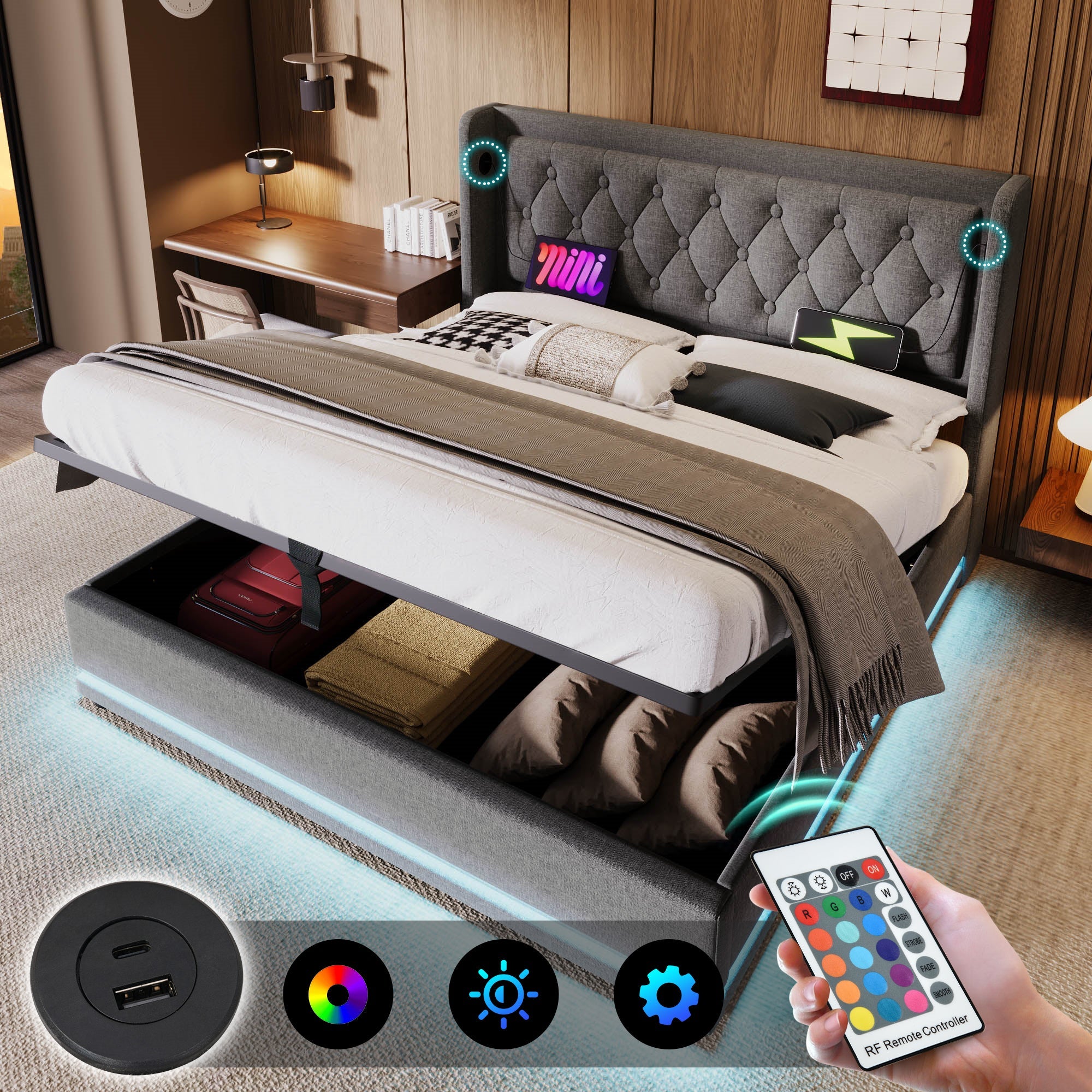 Logidon gestoffeerd bed 160x200 cm grijs fluweel opbergruimte USB-C oplaadfunctie