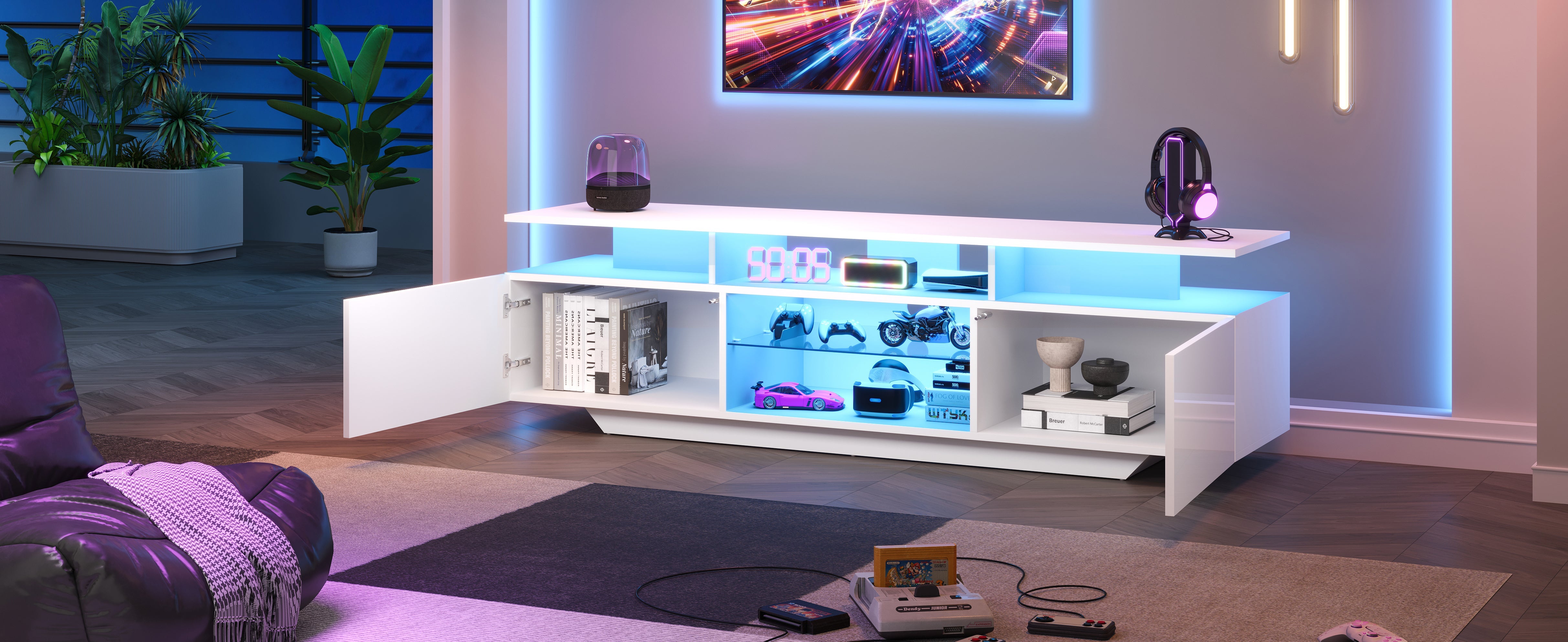 Logidon TV-meubel hoogglans wit 160 x 40 x 45 cm met LED lichtstrip glasplanken