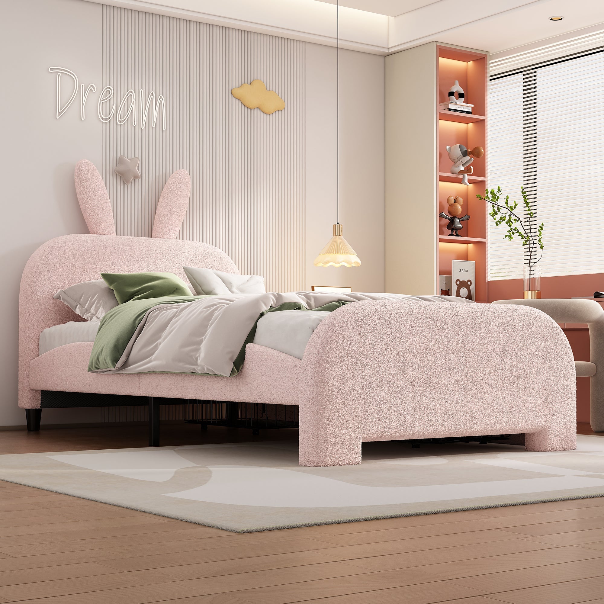 Logidon 90x200 Pink Flat Bed With Cartoon Rabbit Shape