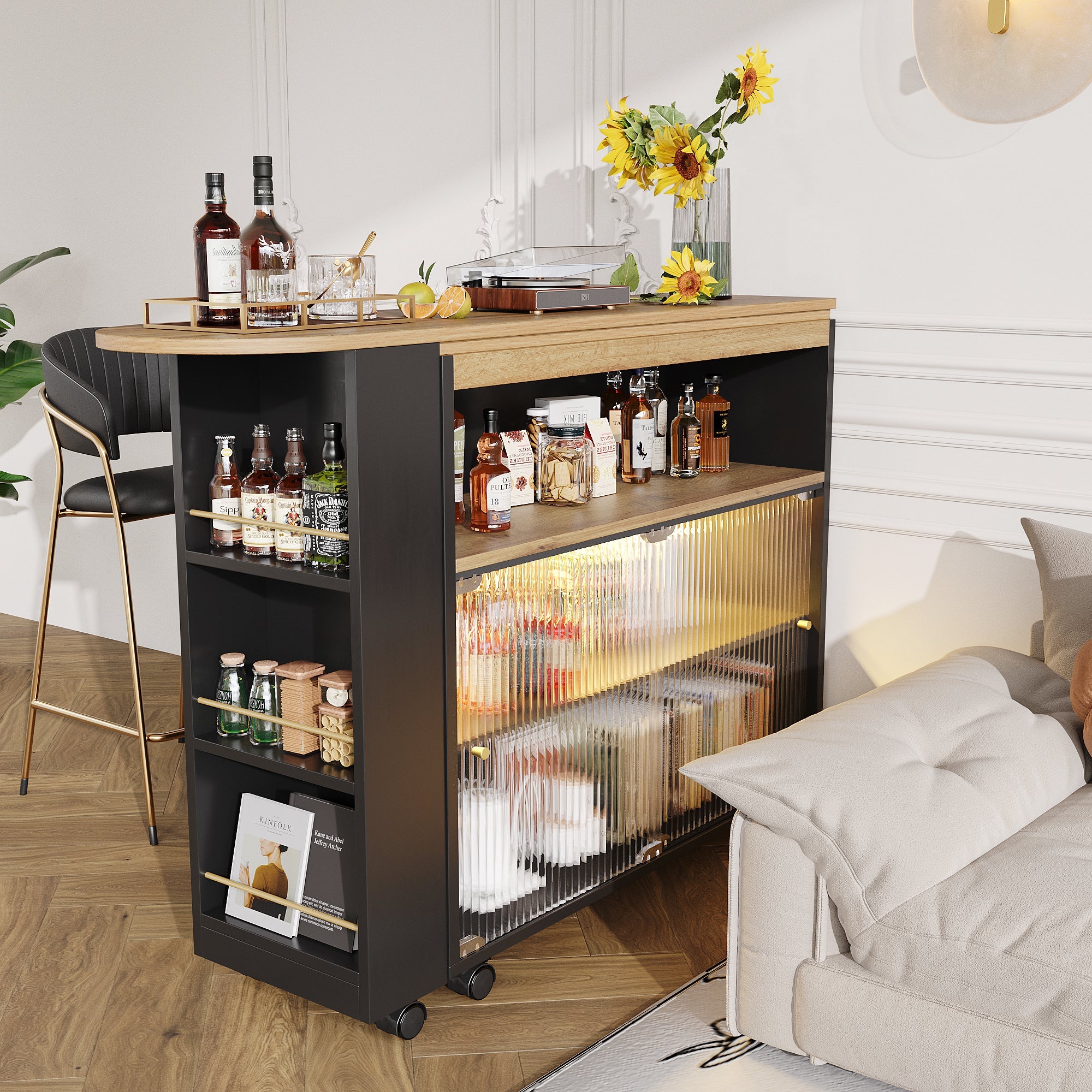 Logidon Uitschuifbare bartafel met opbergruimte en LED 138 tot 204 cm