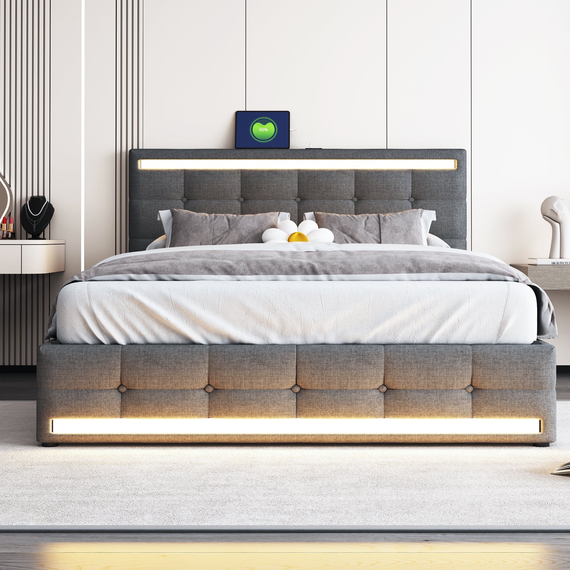 Logidon gestoffeerd bed 140x200 cm grijs LED opbergruimte USB 4 lades