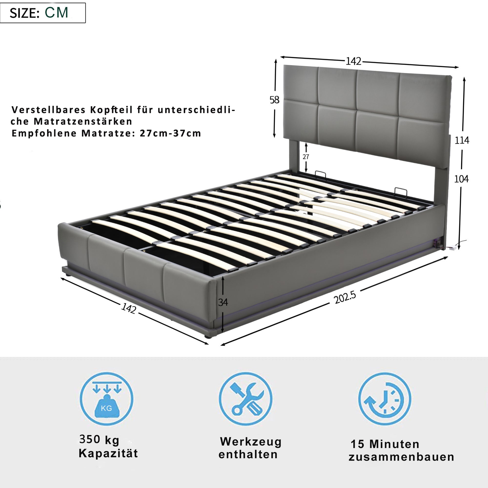 Logidon upholstered bed 140x200 gray with LED lighting bed storage space