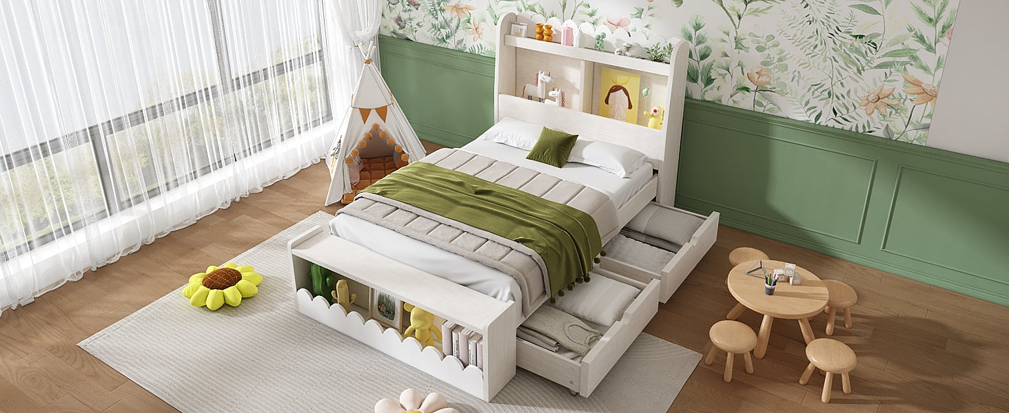 Logidon kinderbed 90x190 opbergruimte lades plank bank wit eiken