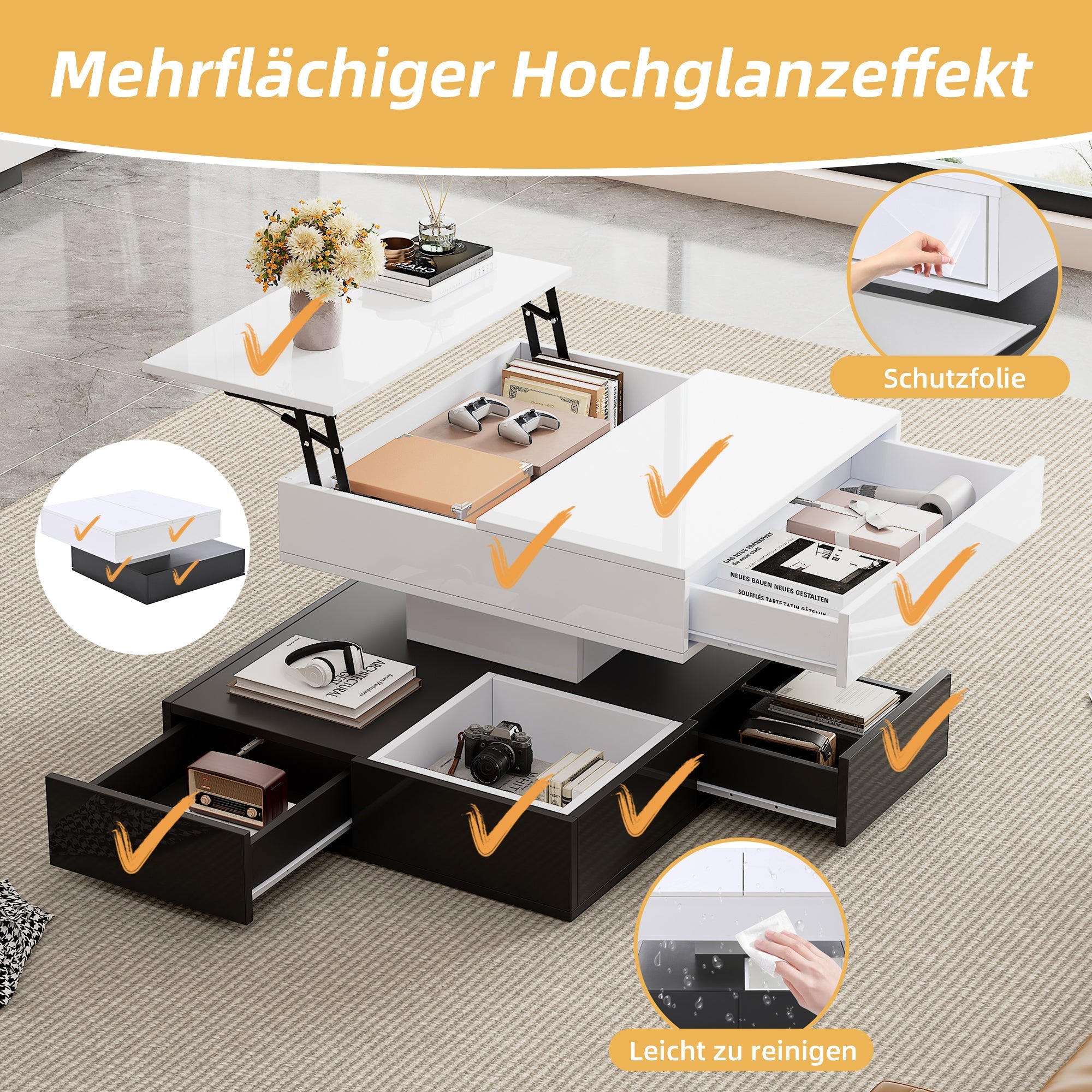 Logidon salontafel 70x70 hefblad 360 graden draaibaar 3 lades wit