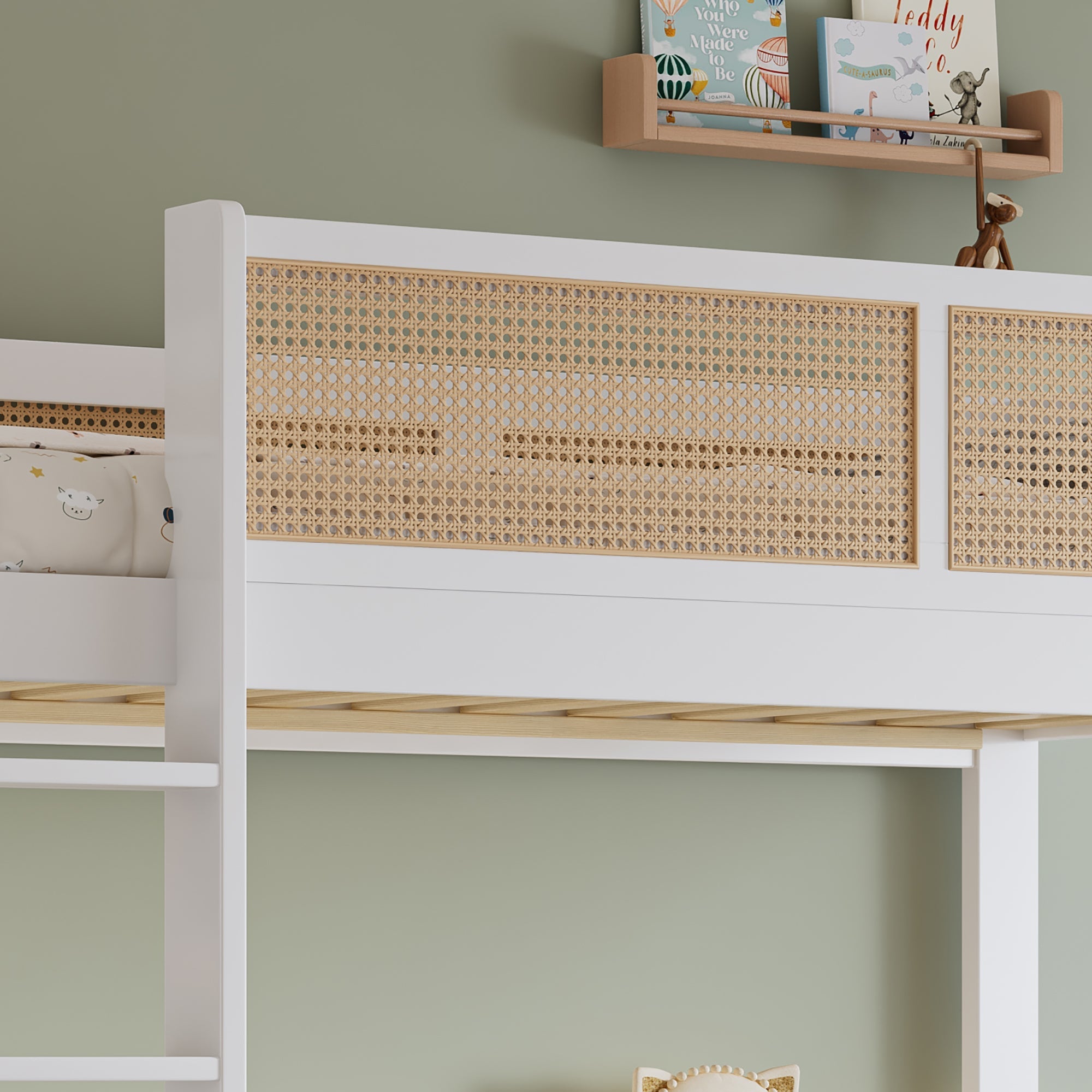 Logidon stapelbed 90x200 cm wit met rotan hekwerk drie lades