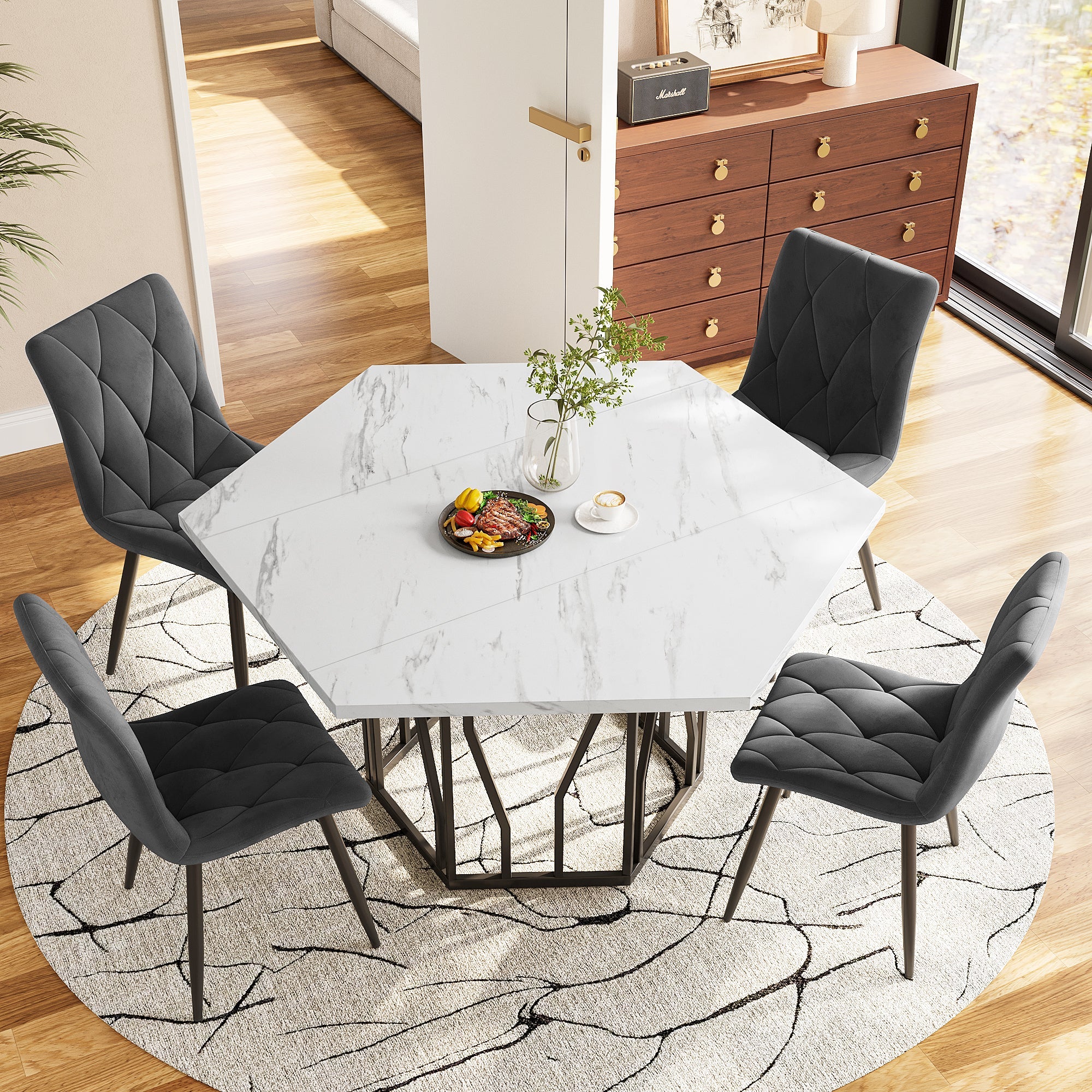 Logidon moderne zeshoekige marmeren tafel, 115,5 x 100 cm, zwart frame