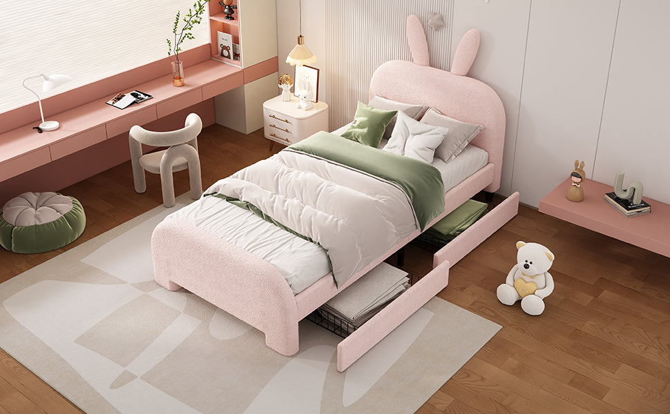 Logidon 90x200 Pink Flat Bed With Cartoon Rabbit Shape
