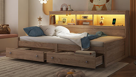 Logidon Daybed 90x200cm slaapbank met sfeerverlichting USB naturel
