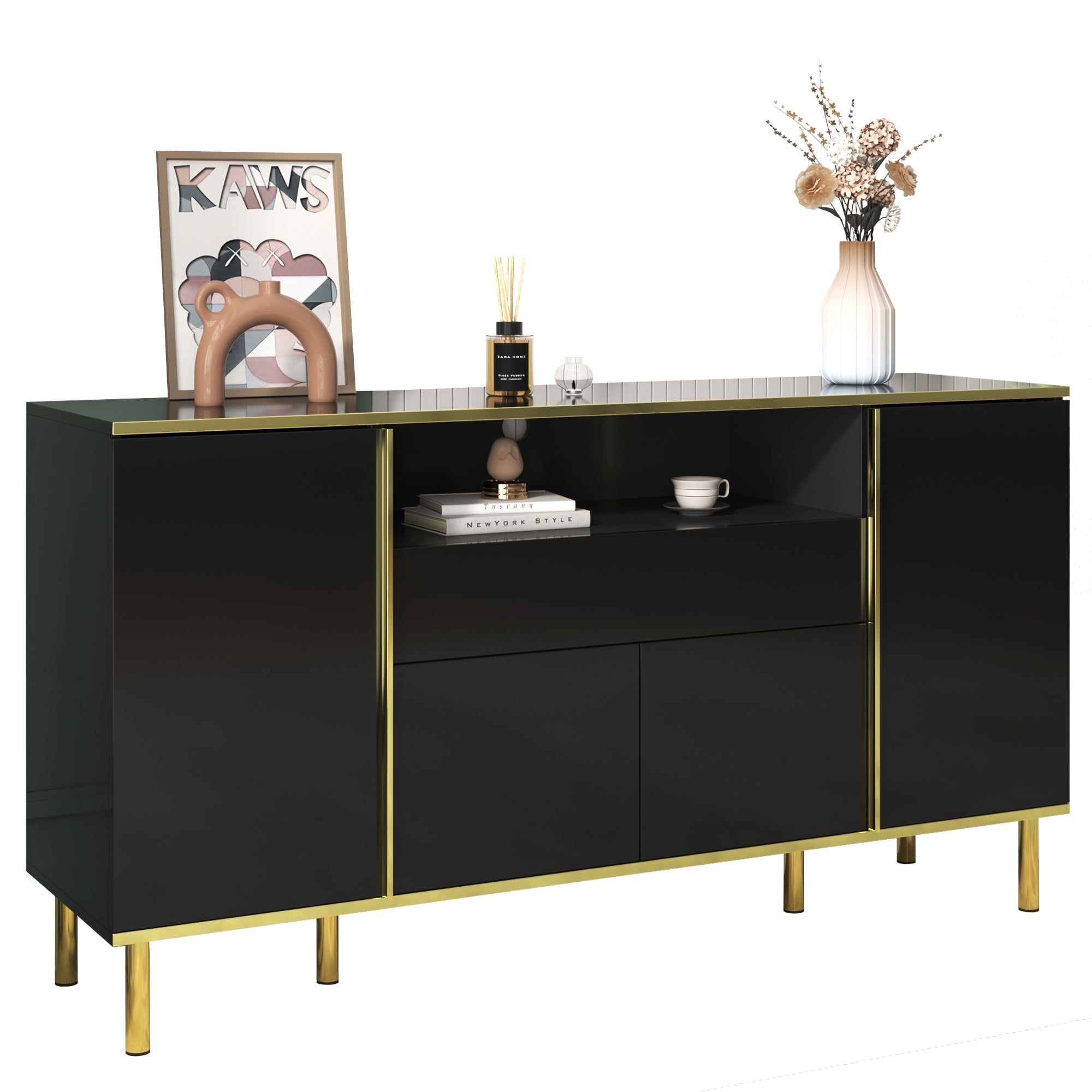 Logidon high-gloss sideboard black 150x40x80 with LED accents