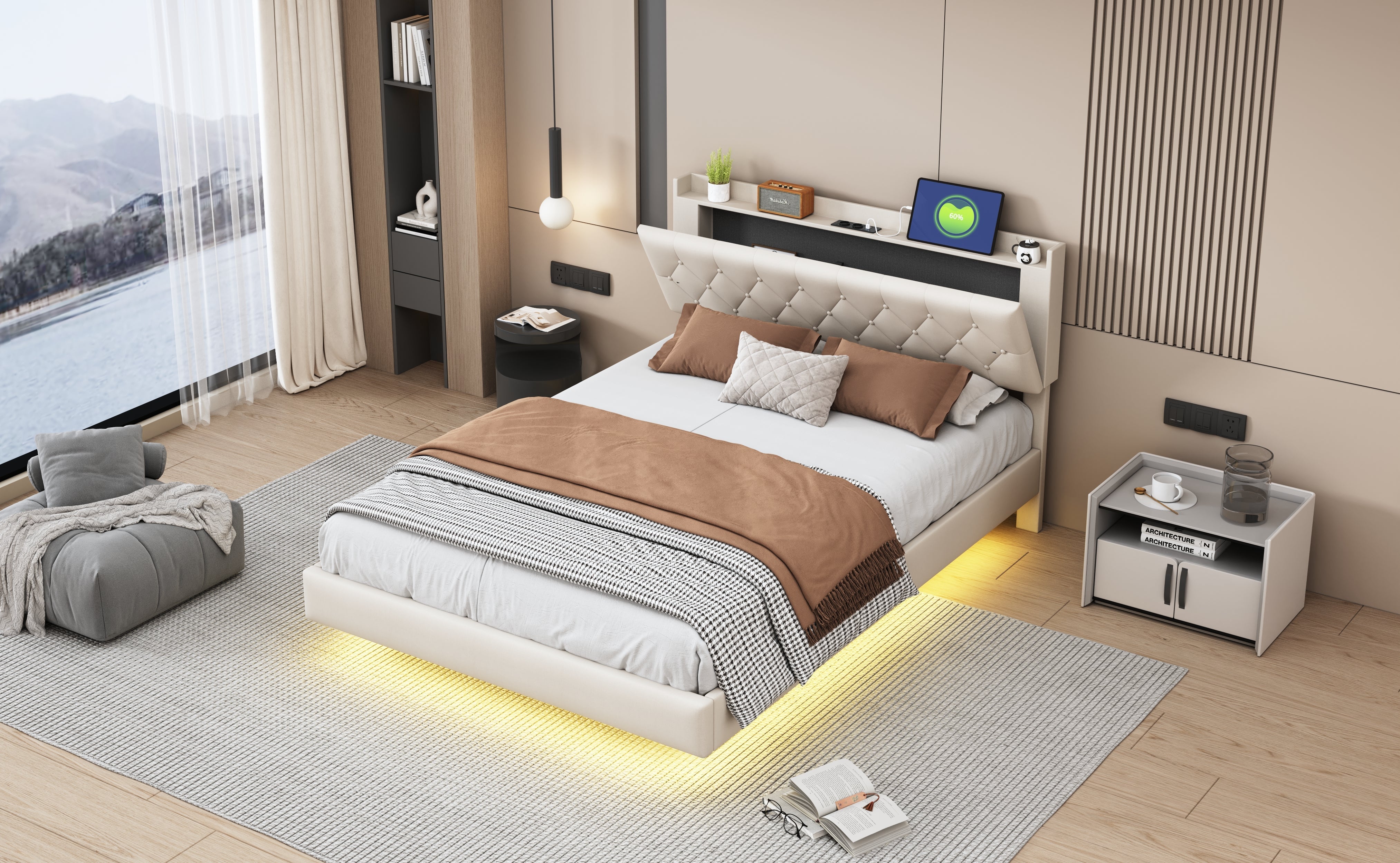 Logidon gestoffeerd bed 140x200 cm beige USB-oplaadpoort LED-lichtstrip