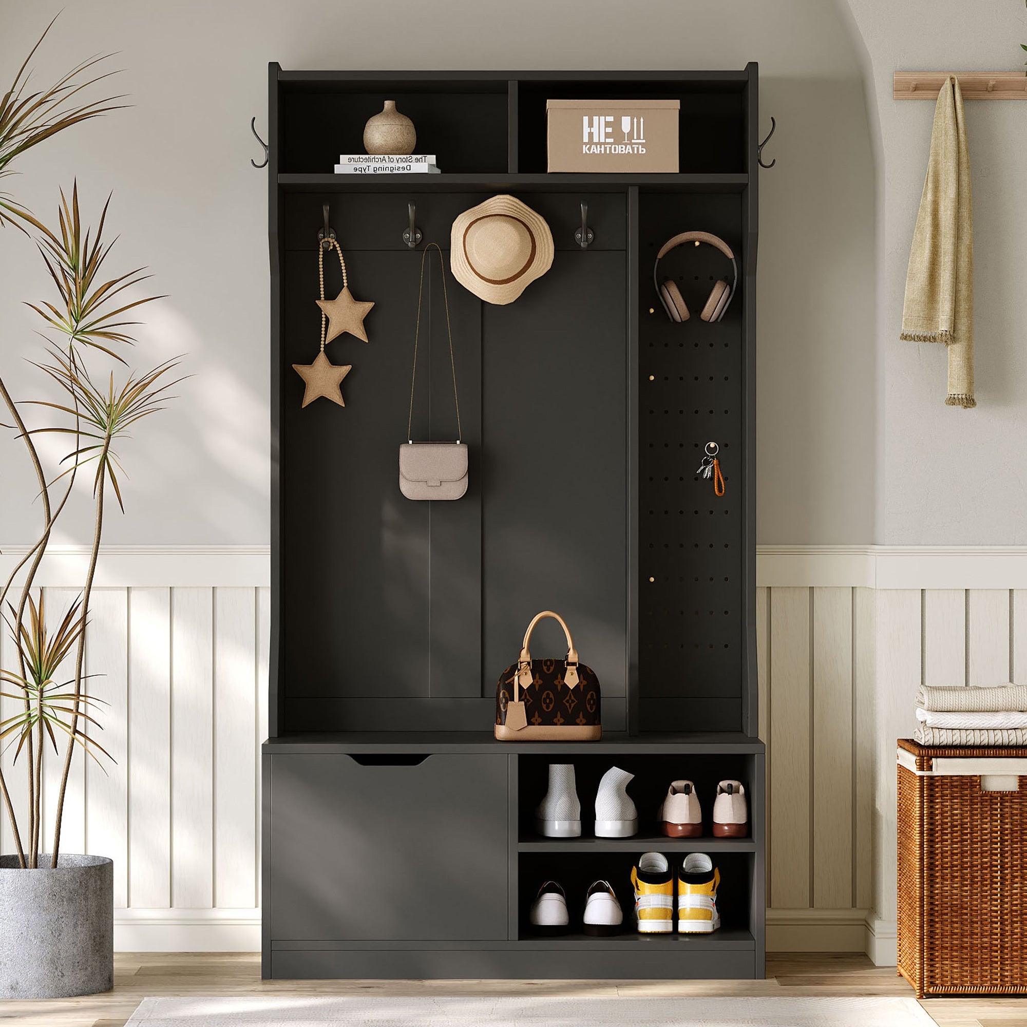 Logidon kledingkastset zwart 100x185,5x40 cm met bank 6 haken