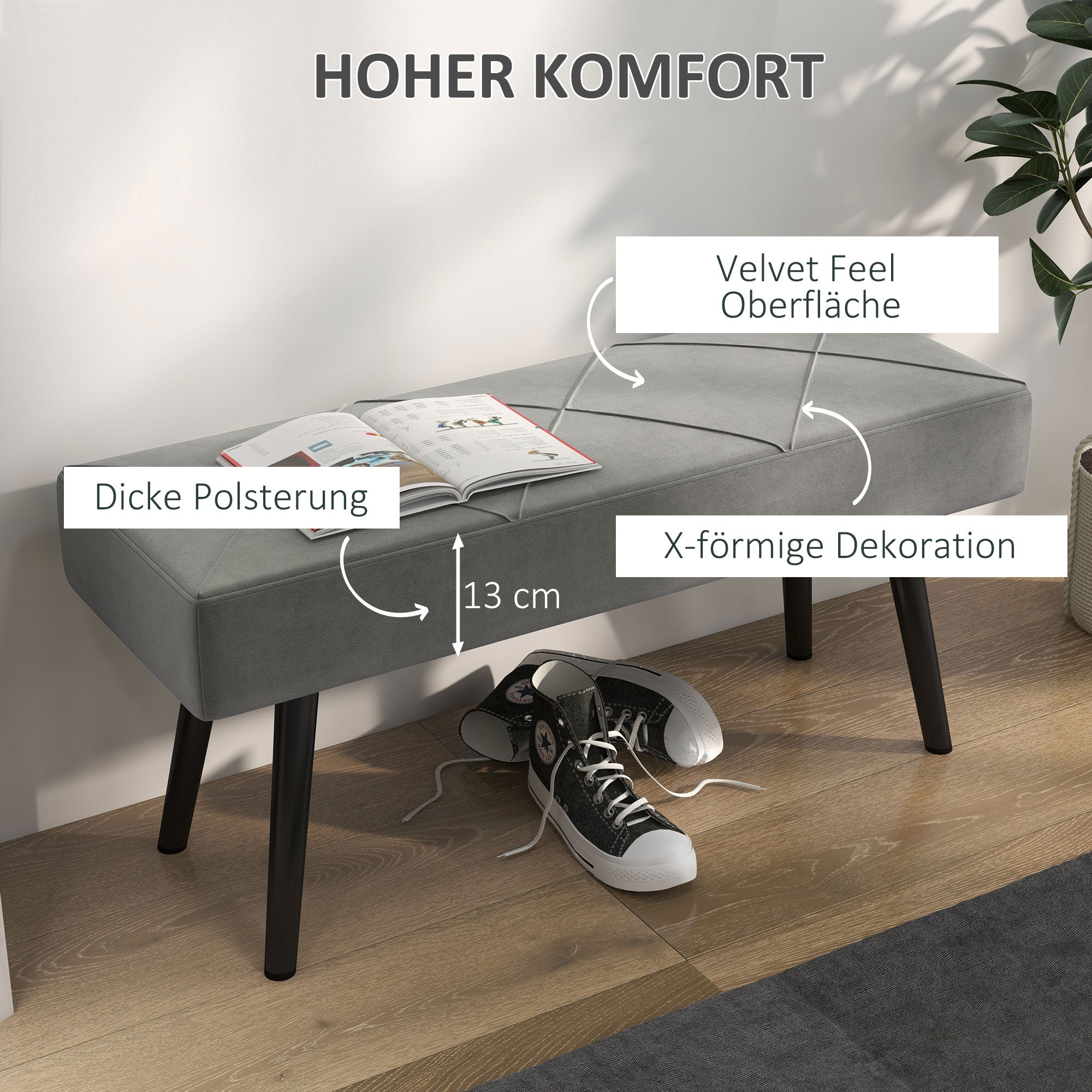 Logidon gestoffeerde bank fluweellook grijs 100x36x45 cm X-patroon bedbank
