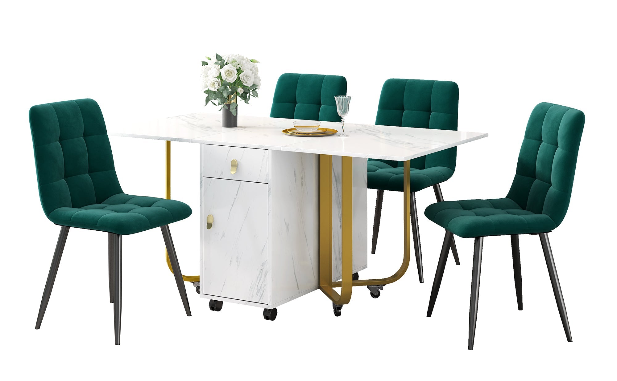 Logidon eettafelgroep 150x80 cm opklapbaar met 4 fluwelen stoelen groen
