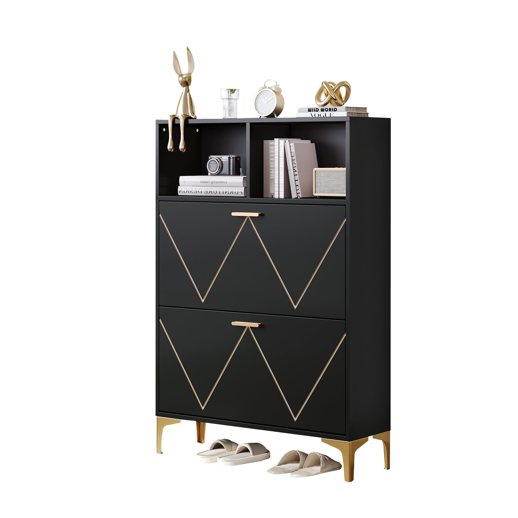 Logidon shoe cabinet 80x25x117 cm black with folding doors and four shoe shelves