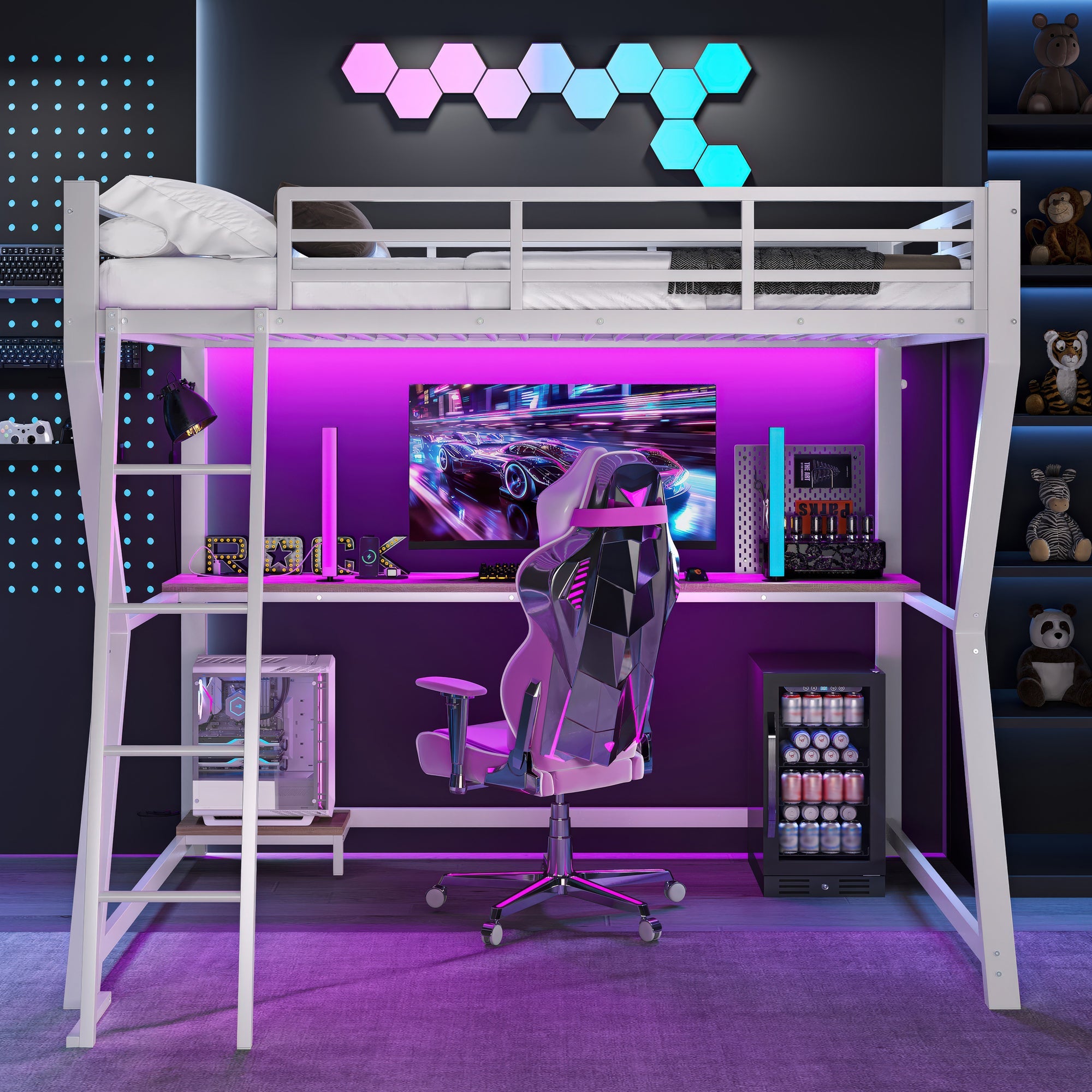 Logidon loft bed 90x200 with LED lighting and computer console white