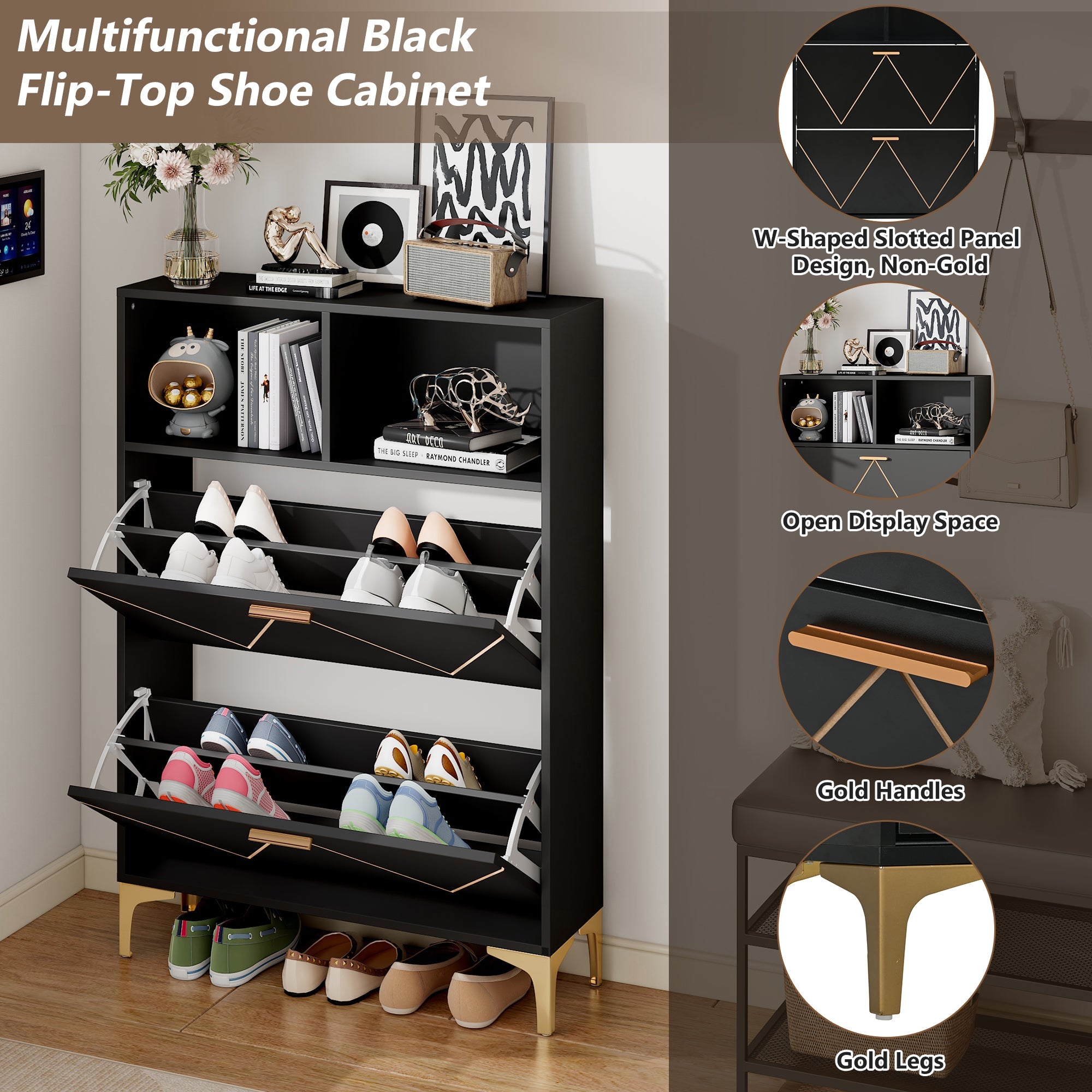 Logidon shoe cabinet 80x25x117 cm black with folding doors and four shoe shelves