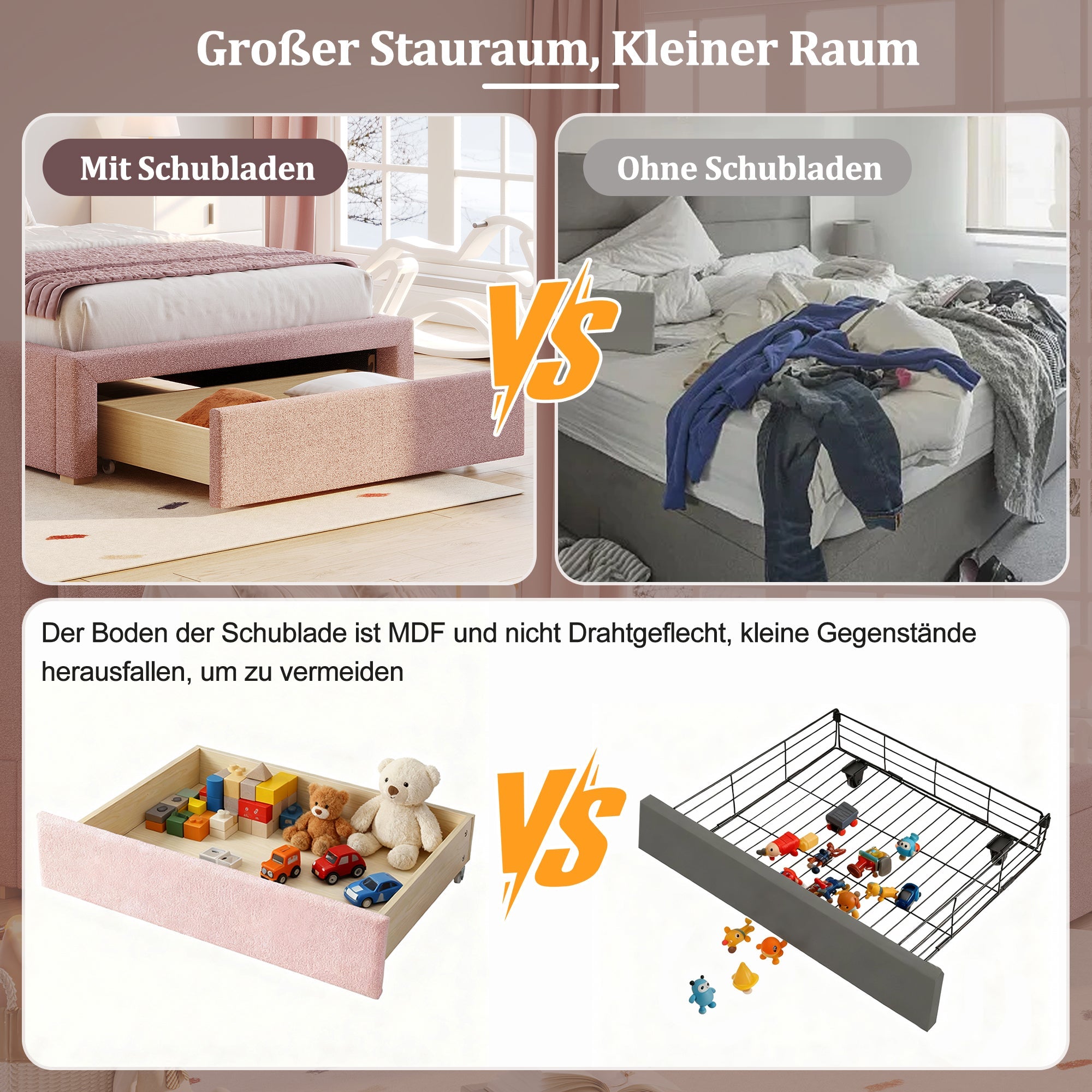 Logidon gestoffeerd bed 90x200 roze chenille met opbergruimte en lattenbodem