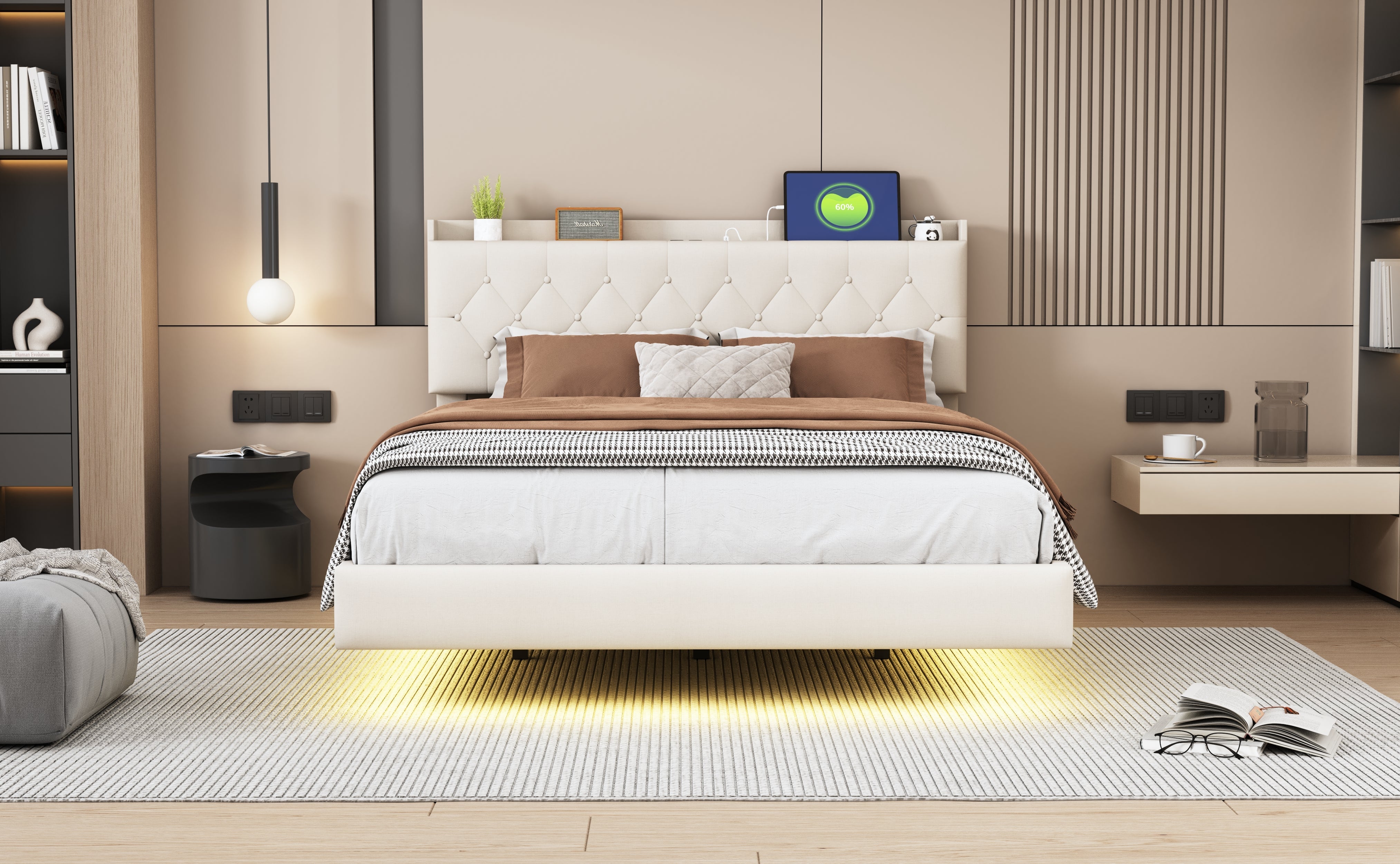 Logidon gestoffeerd bed 140x200 cm beige USB-oplaadpoort LED-lichtstrip