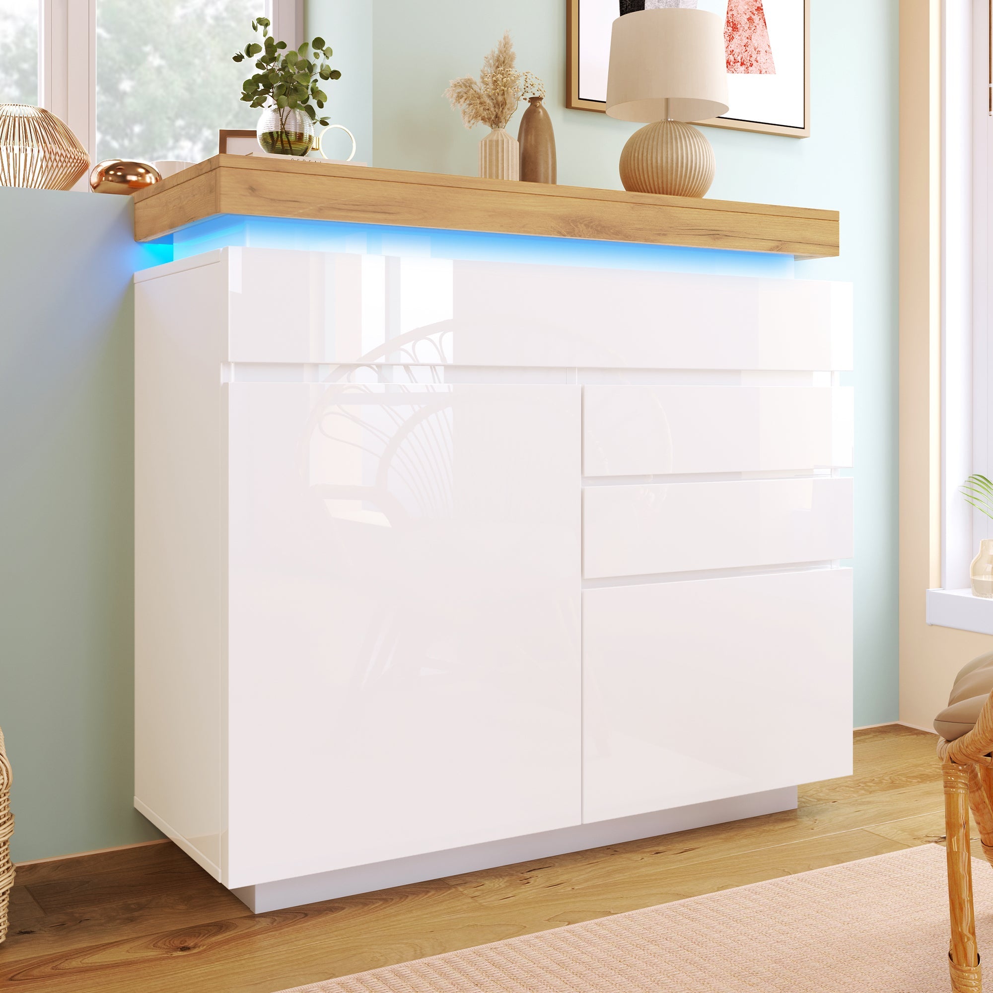 Logidon high gloss chest of drawers white LED lighting app control 2 doors