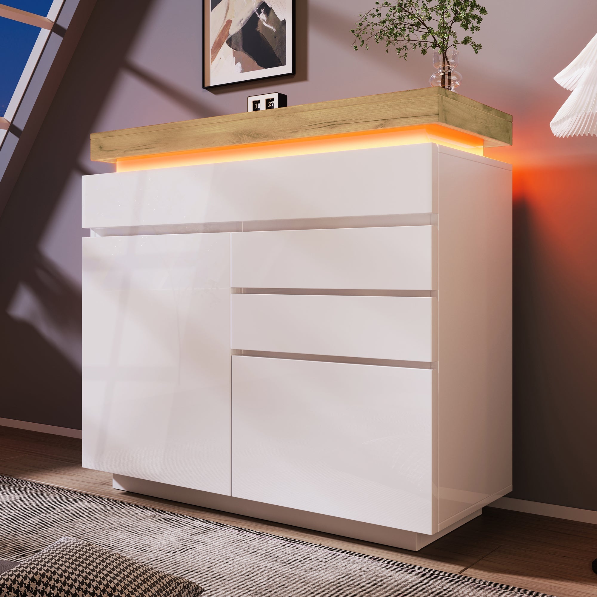 Logidon high gloss chest of drawers white LED lighting app control 2 doors