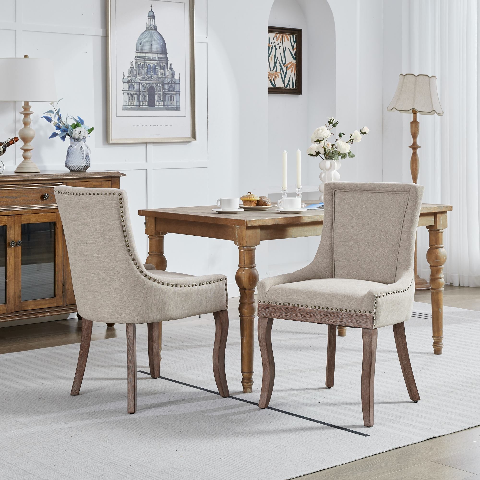 Logidon Ultra Side Dining Chair Beige Set Of 2 Bronze Nail Studs