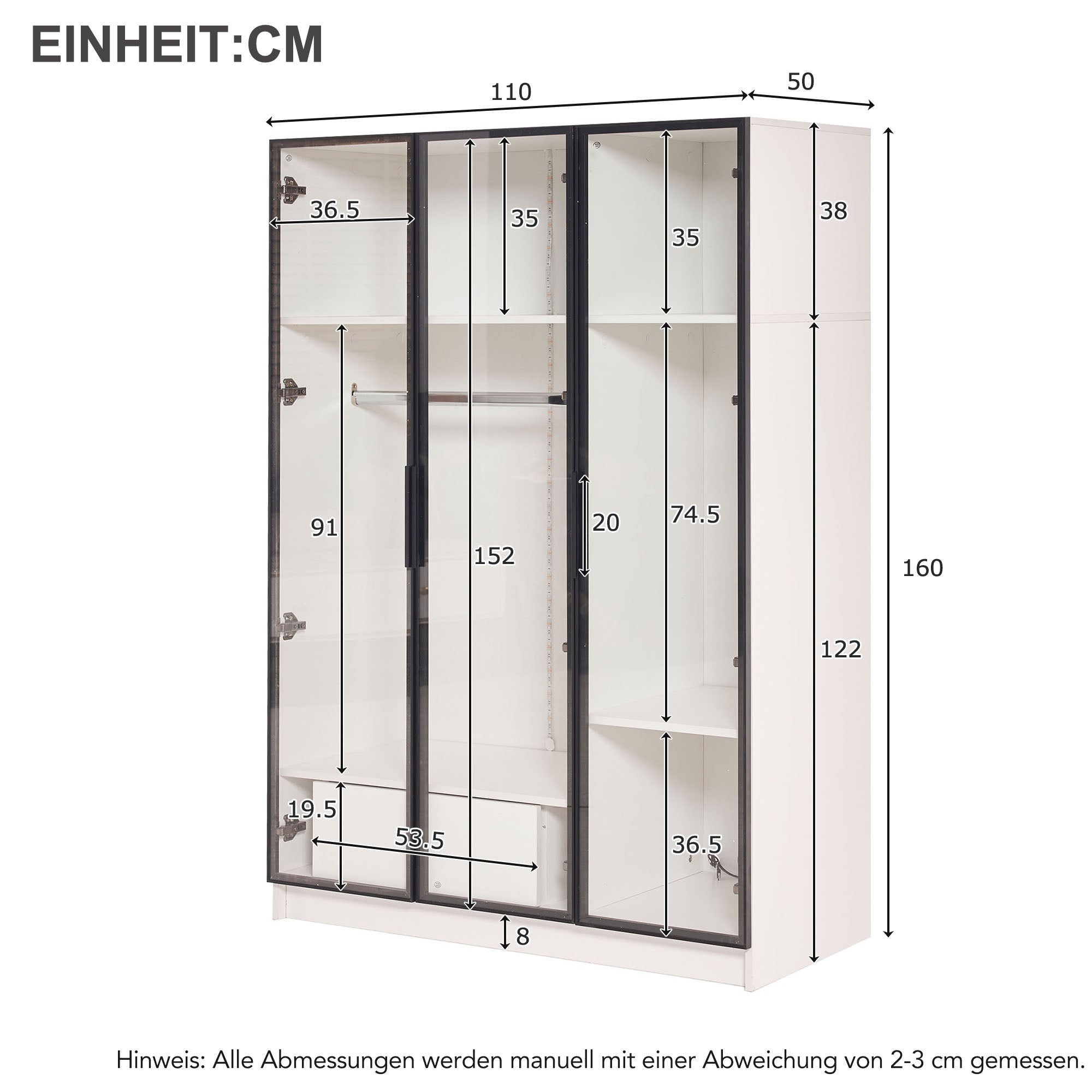 Logidon Witte kledingkast 110x50x160 cm met 3 glazen deuren LED