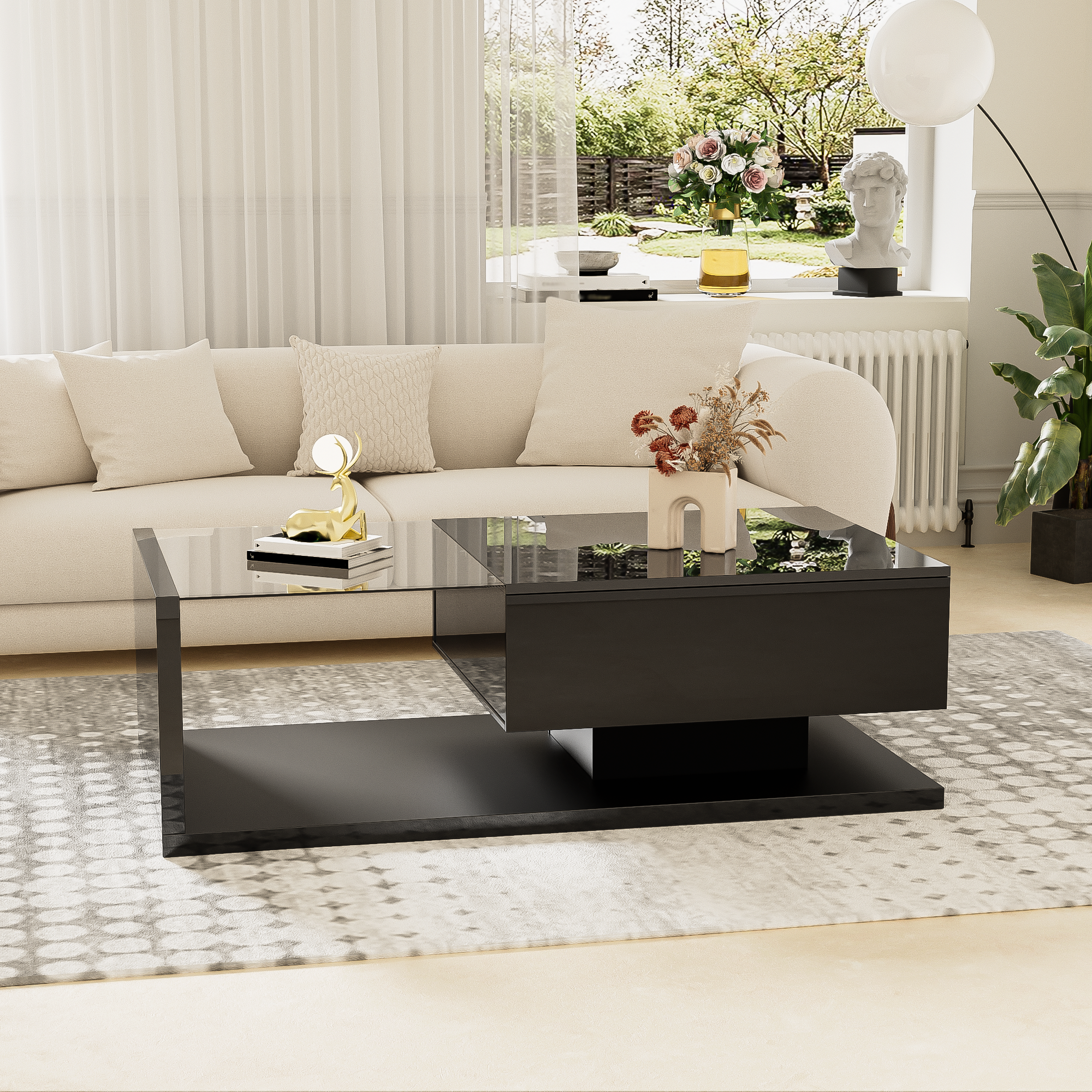 Logidon salontafel hoogglans zwart met glas en LED effect 105 cm