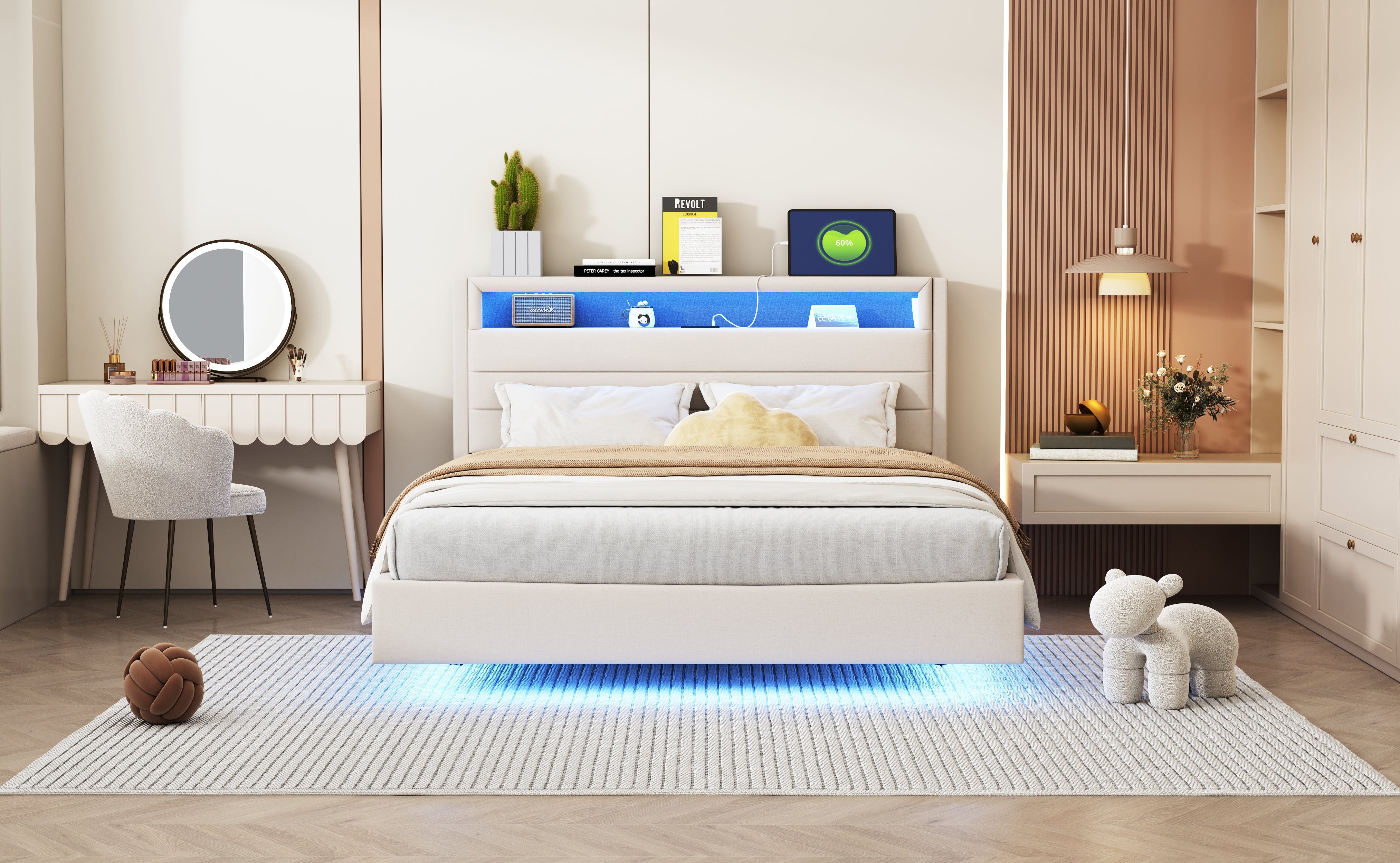Logidon gestoffeerd bed 140x200 cm met USB oplaadpunt en LED lichtbeige