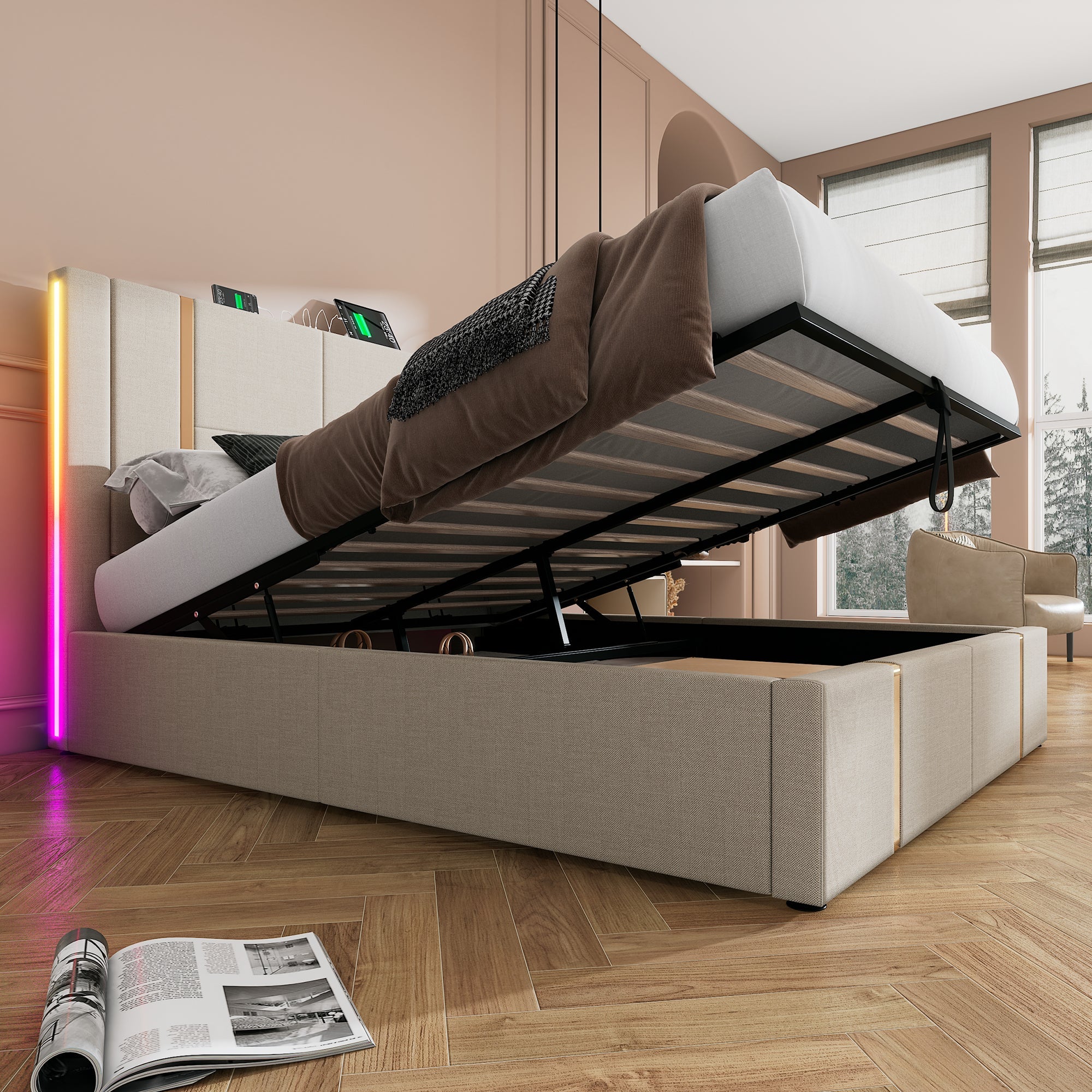 Logidon double bed 140x200 USB C charging function APP LED beige linen