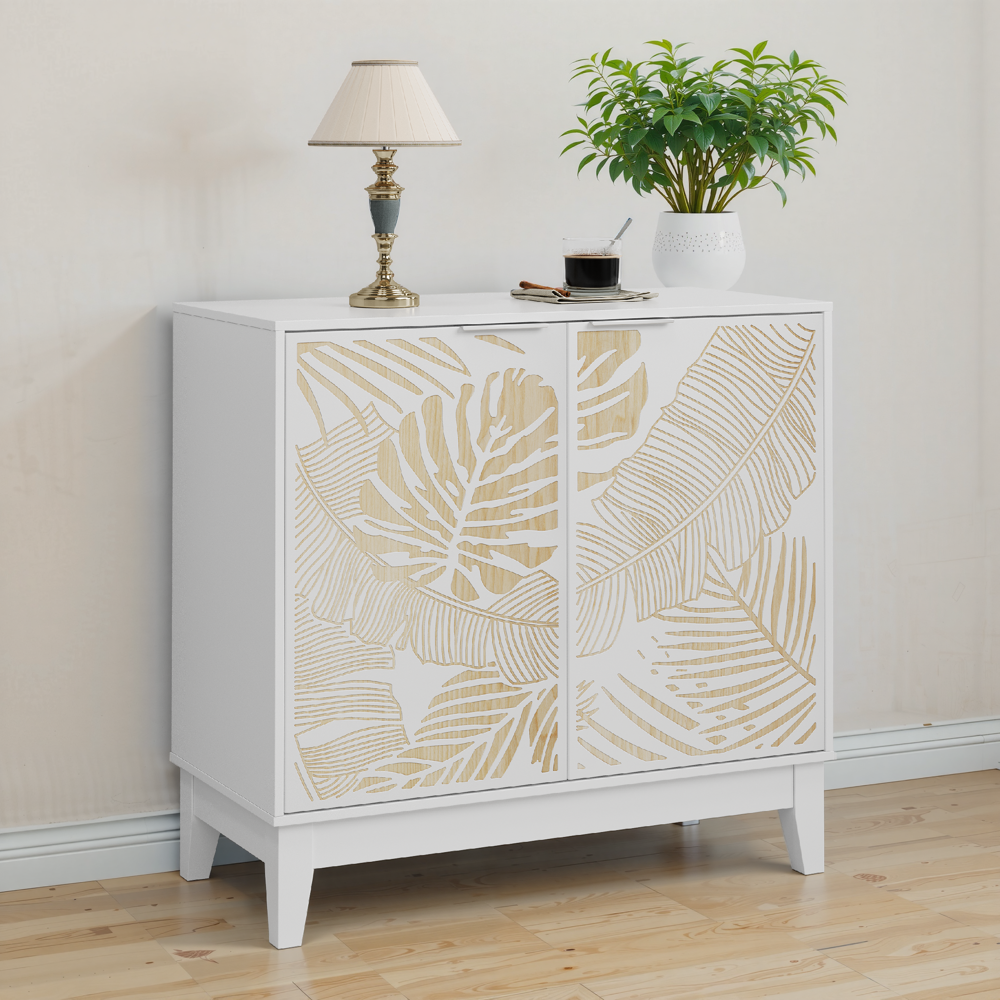 Logidon 80 cm vintage buffetkast wit met houtsnijwerk 2 deuren