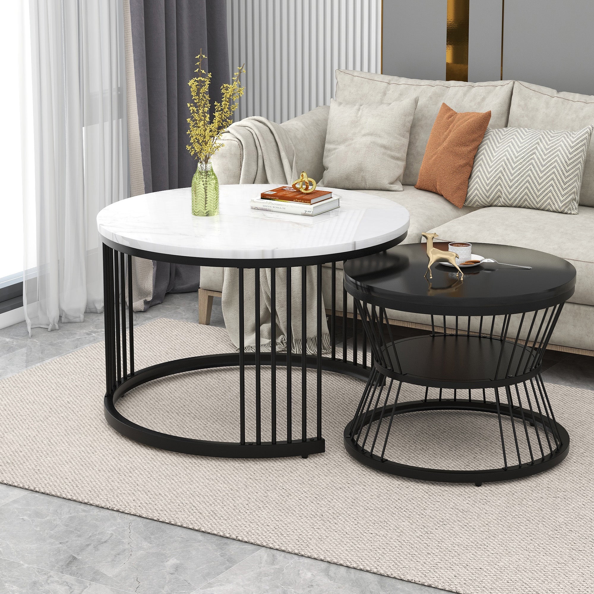 Logidon Moderne Nesting Salontafel Set van 2 Hoogglans Blad Zwart