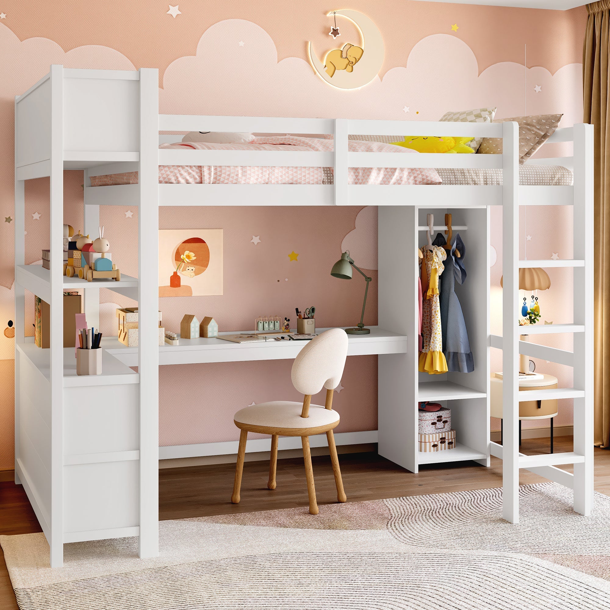 Logidon hoogslaper 140x200 cm met bureau en planken wit