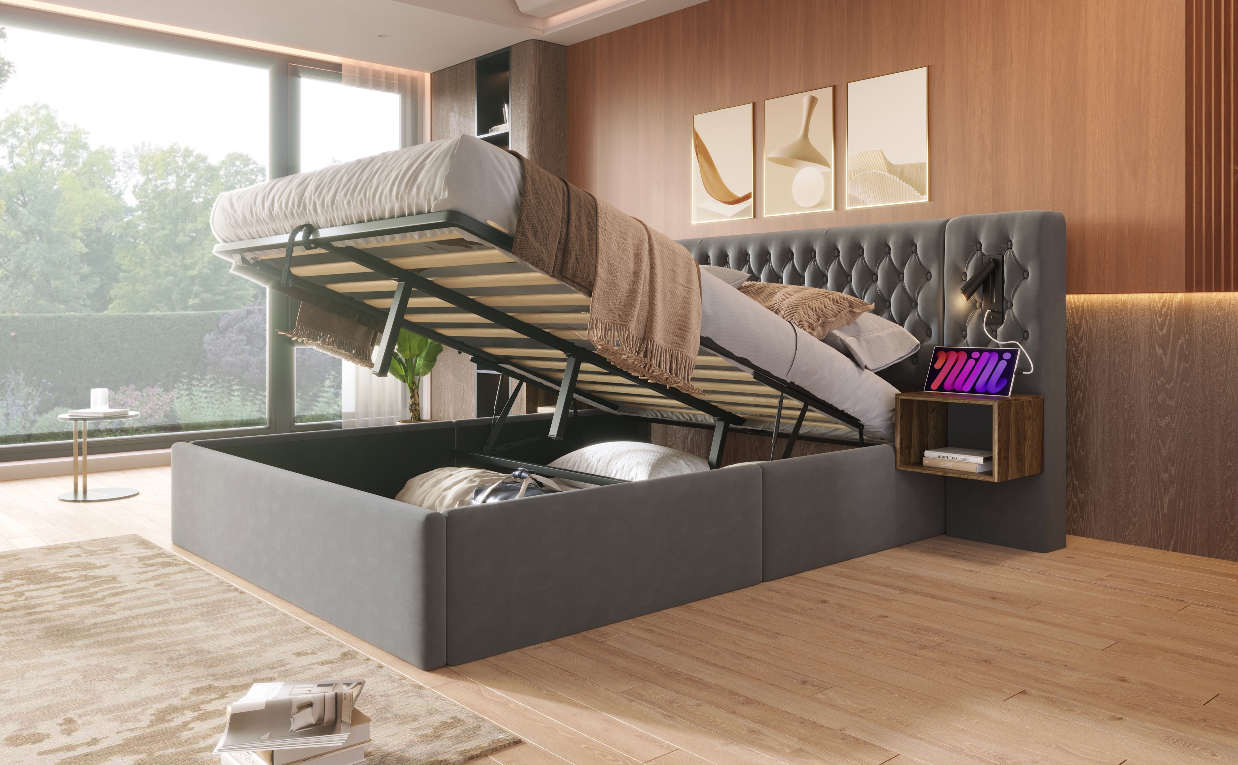Logidon bed system 160x200 cm upholstered bed with storage space gray velvet