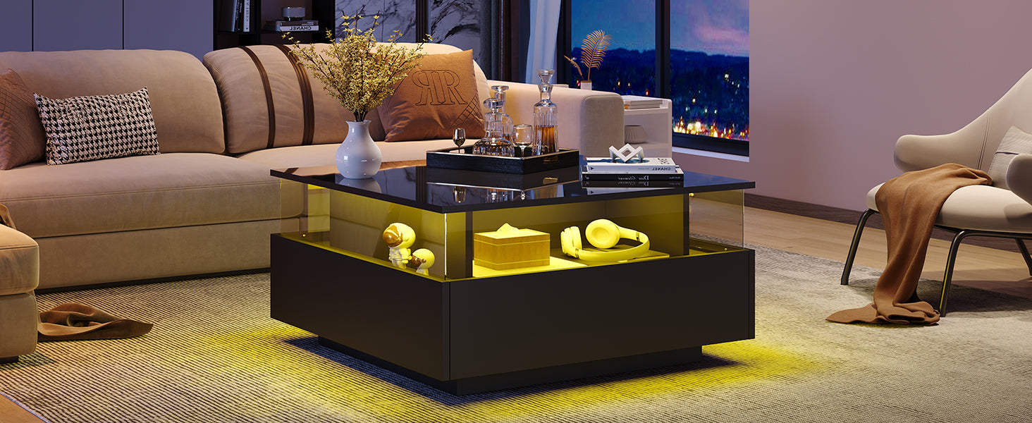 Logidon hoogglans LED salontafel 90x55x45 cm zwart 2 lades