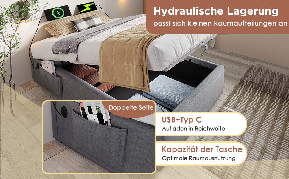 Logidon upholstered bed 90x190 gray with USB C charging function and full slatted frame