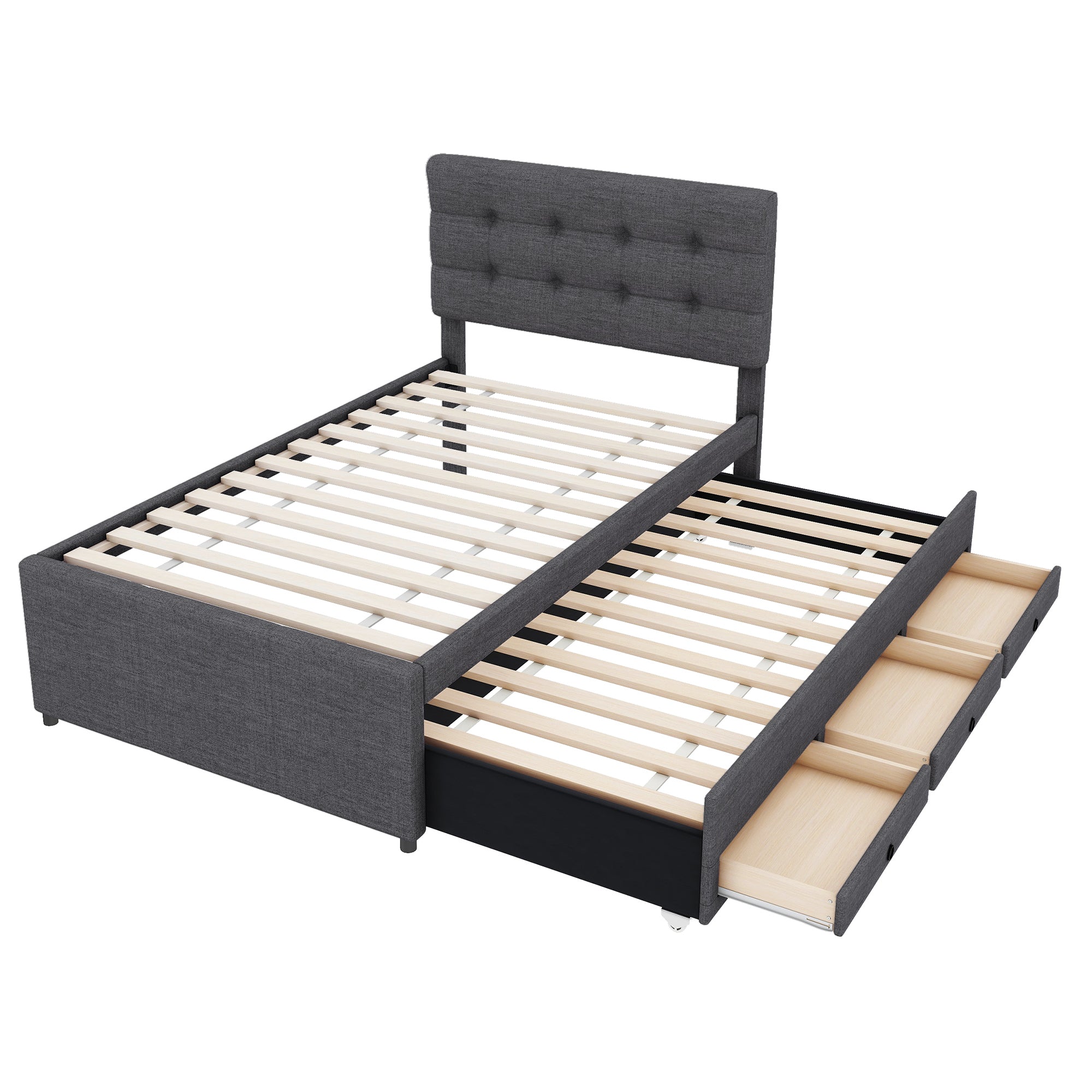 Logidon gestoffeerd bed 90x200cm grijs met drie lades en onderschuifbed