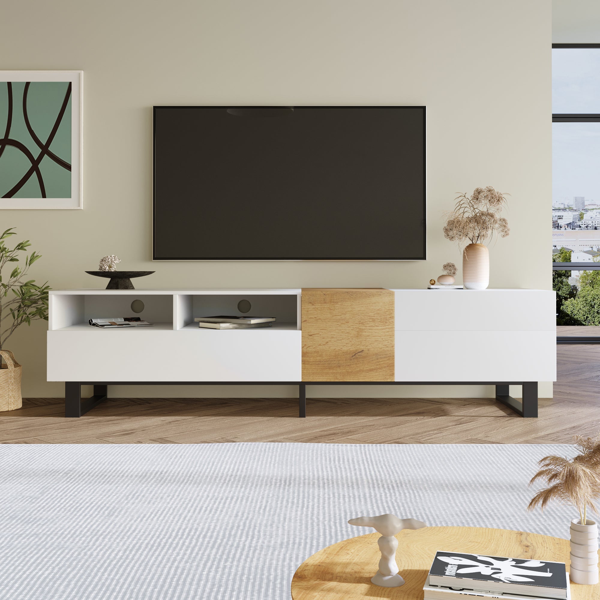 Logidon Modern TV cabinet white wood look 180x50x38 cm