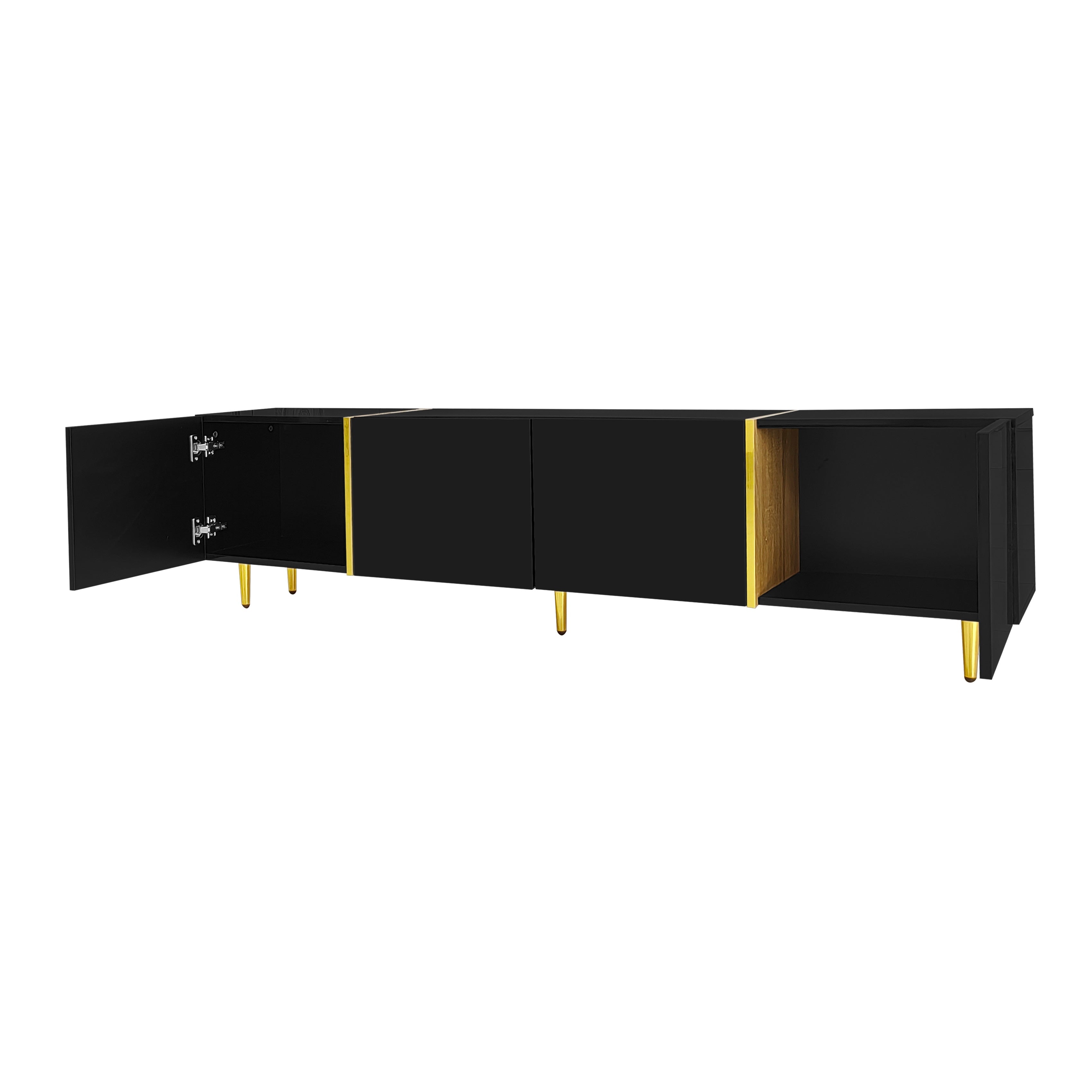 Logidon high-gloss TV cabinet 170 cm black-gold, 4 doors, modern