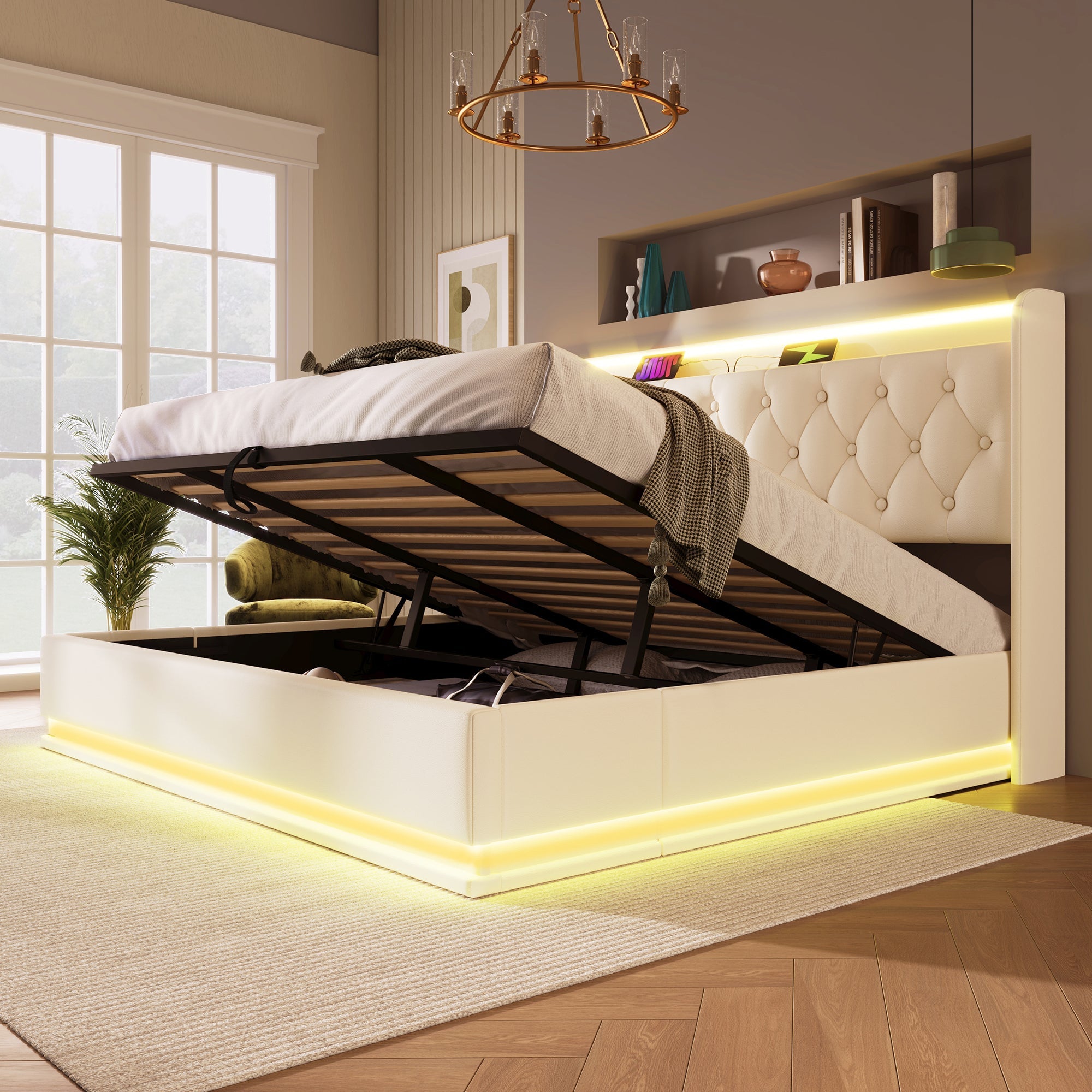 Logidon gestoffeerd bed tweepersoonsbed 180x200 cm wit PU, 360 surround LED