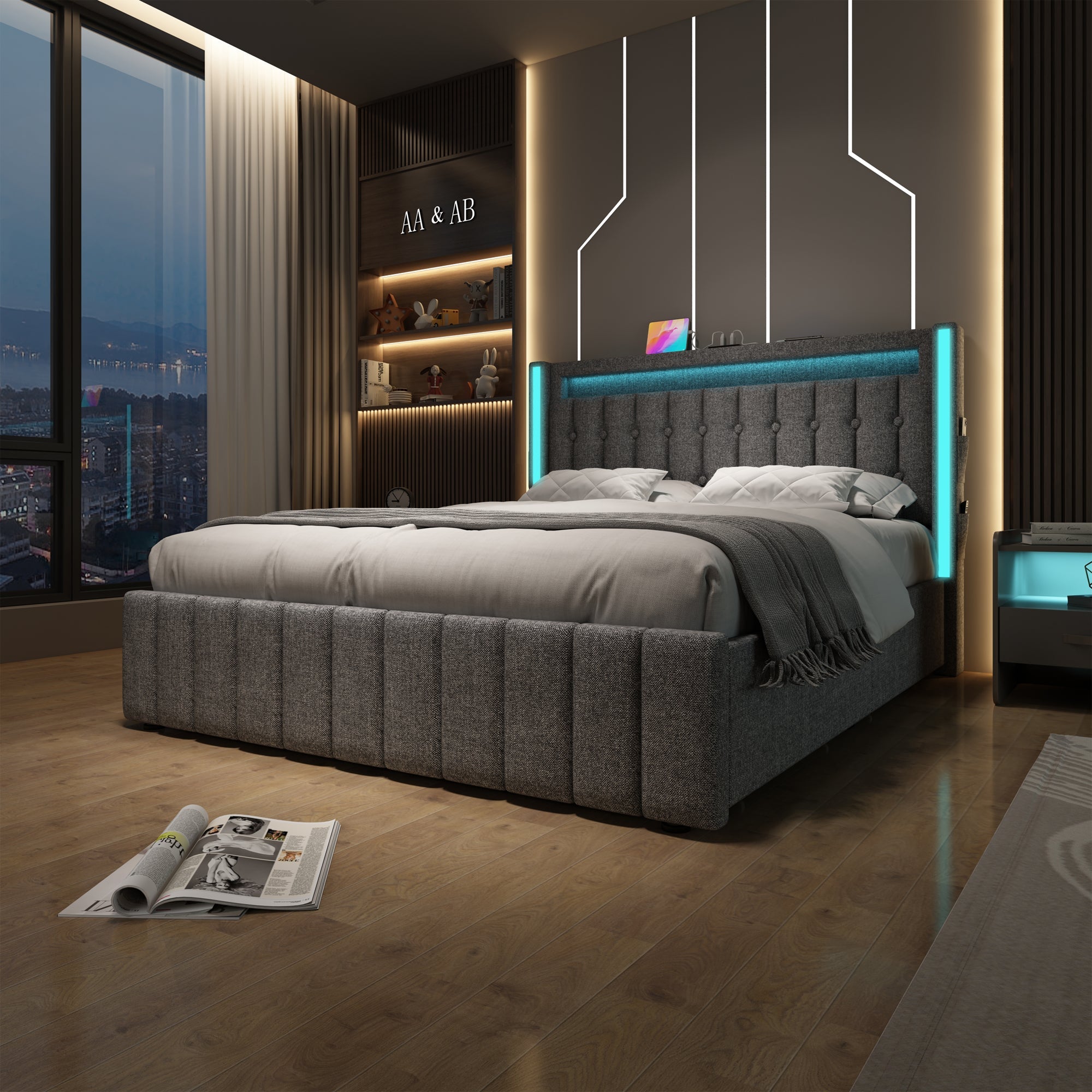 Logidon upholstered bed 140x200 gray USB Type C charging function 4 drawers
