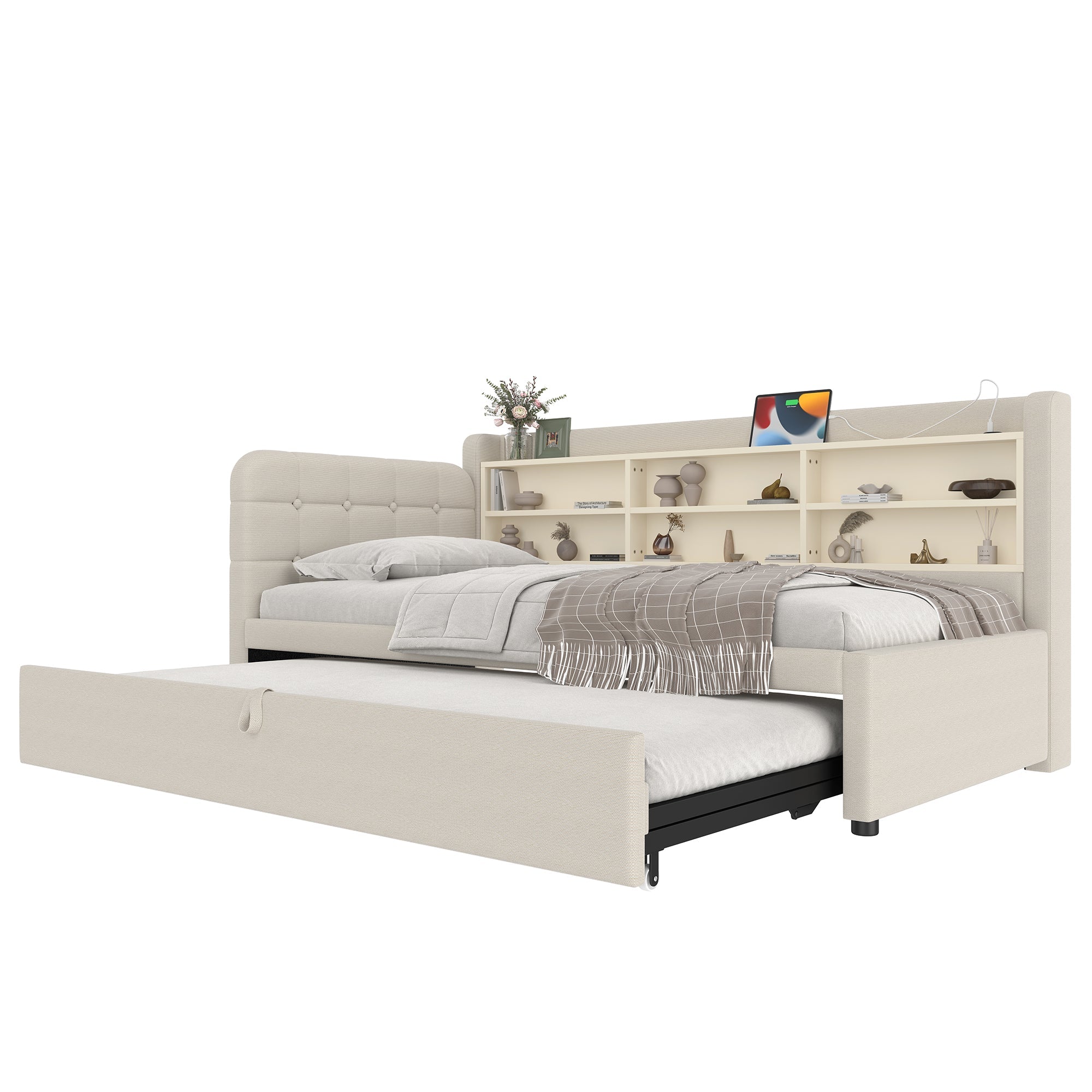 Logidon Daybed 90x200 beige linnen uitschuifbare slaapbank USB Type C