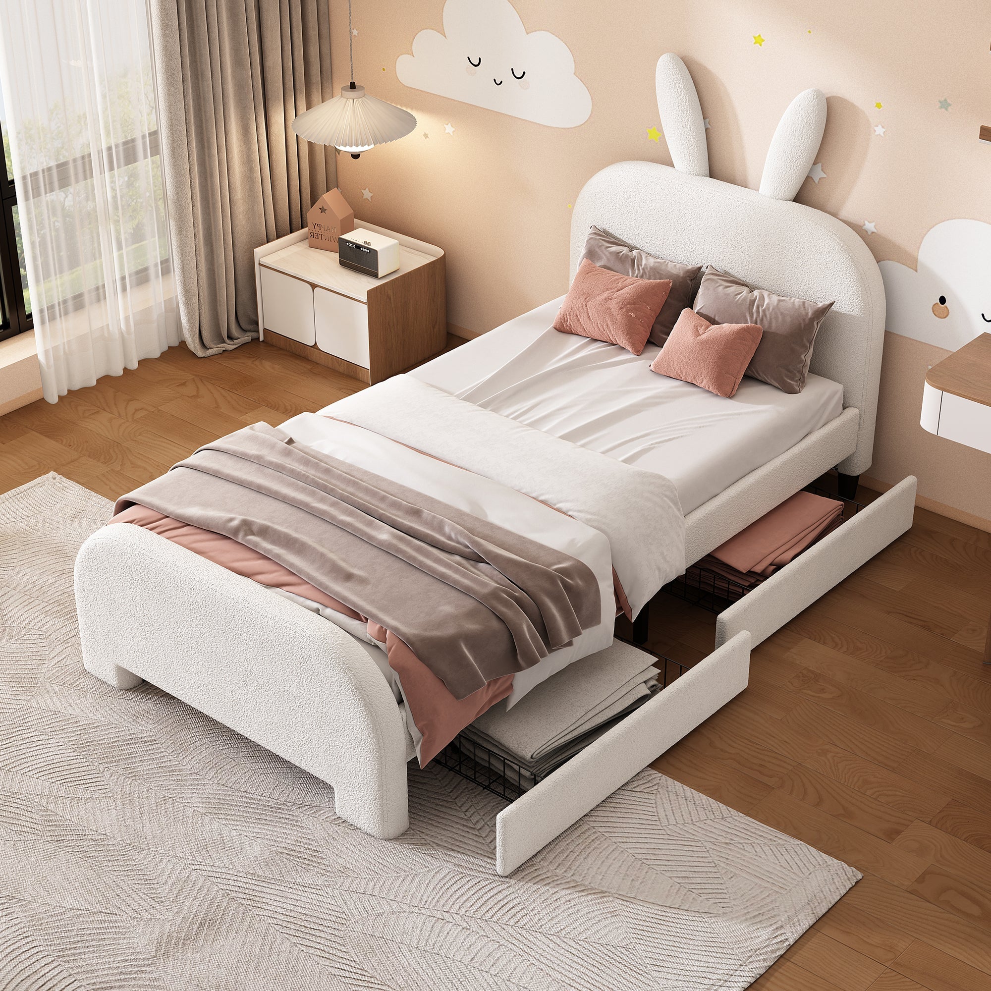 Logidon Flat Bed 90x200 cm Rabbit Shape White With 2 Drawers